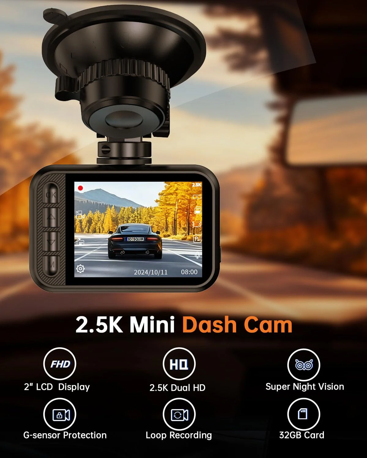 Dual Dash Cam Front and Rear — 2.5K HDR Night Vision Car Camera with G-Sensor & 24H Parking Monitor, Compact Plug & Play Dash Cam with Super Capacitor, 32GB Card Included, Supports 256GB Max - Image 2
