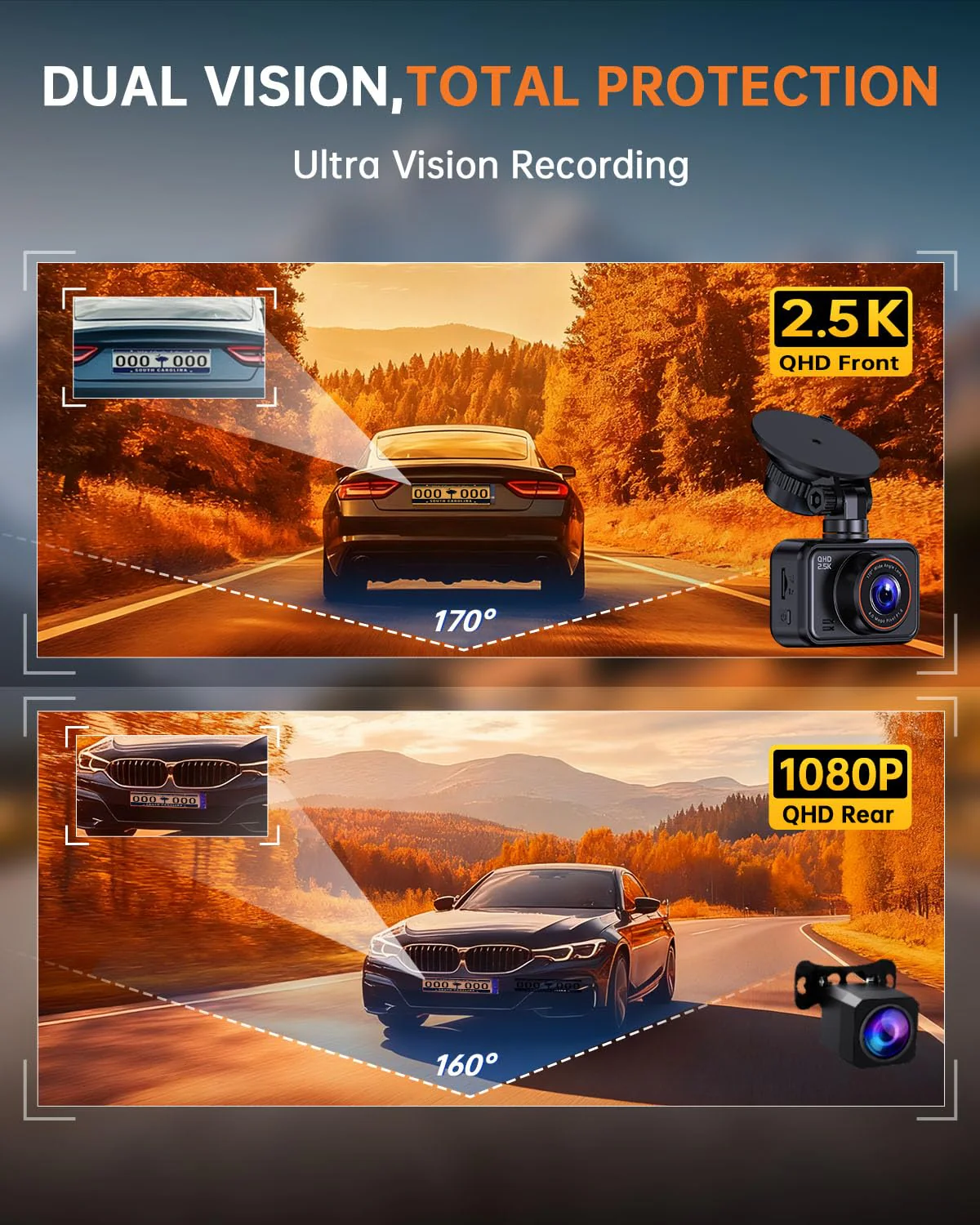 Dual Dash Cam Front and Rear — 2.5K HDR Night Vision Car Camera with G-Sensor & 24H Parking Monitor, Compact Plug & Play Dash Cam with Super Capacitor, 32GB Card Included, Supports 256GB Max - Image 3
