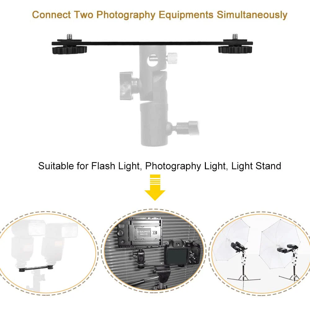 Dual Flash Bracket 8in/20.3cm Camera Mount Tripod Bracket with 1/4 Screw Hot Shoe Flash Light Bracket for LED Light Microphone 3D Stereo Stereoscopic Photography 1 Pack - Image 5