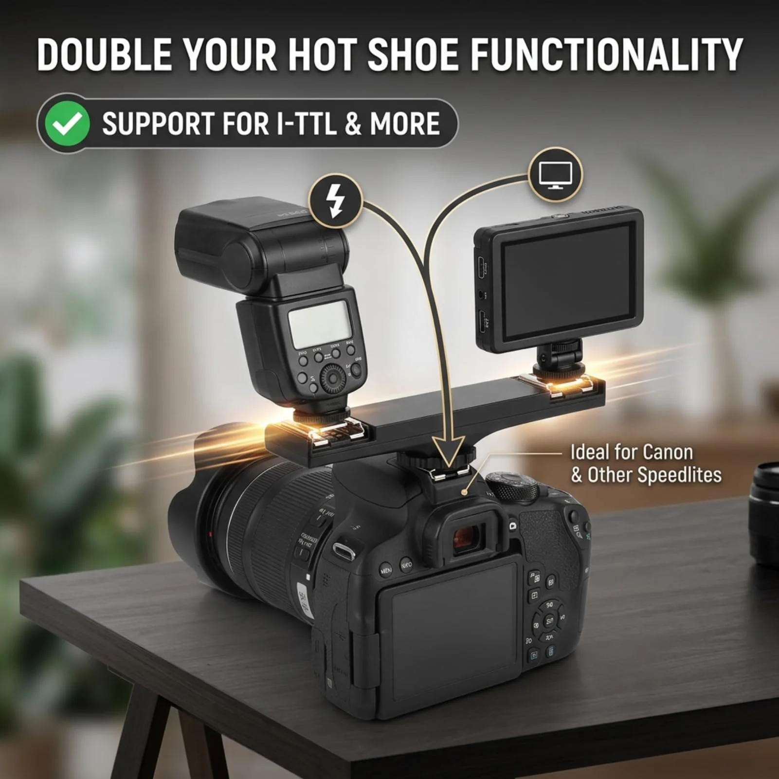 Dual Hot Shoe Splitter Camera Shoe Mounts, Dual Hot Shoe Flash Speedlite Light Bracket for SLR Camera Camcorder, Extension Bar Mount Cold Shoe Extension Bracket (for Canon) For Canon - Image 5