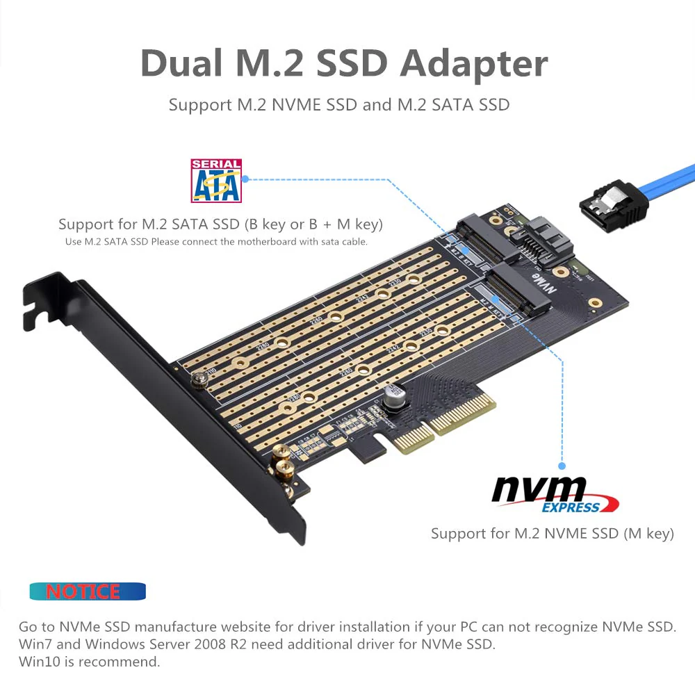 Dual M.2 PCIE Adapter for SATA or PCIE NVMe SSD with advanced heat sink solution,M.2 SSD NVME (m key) and SATA (b key) 22110 2280 2260 2242 2230 to PCI-e x 4 Host Controller Expansion Card - Image 3