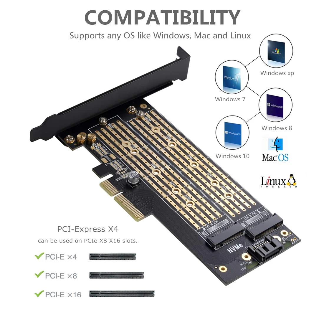 Dual M.2 PCIE Adapter for SATA or PCIE NVMe SSD with advanced heat sink solution,M.2 SSD NVME (m key) and SATA (b key) 22110 2280 2260 2242 2230 to PCI-e x 4 Host Controller Expansion Card - Image 4