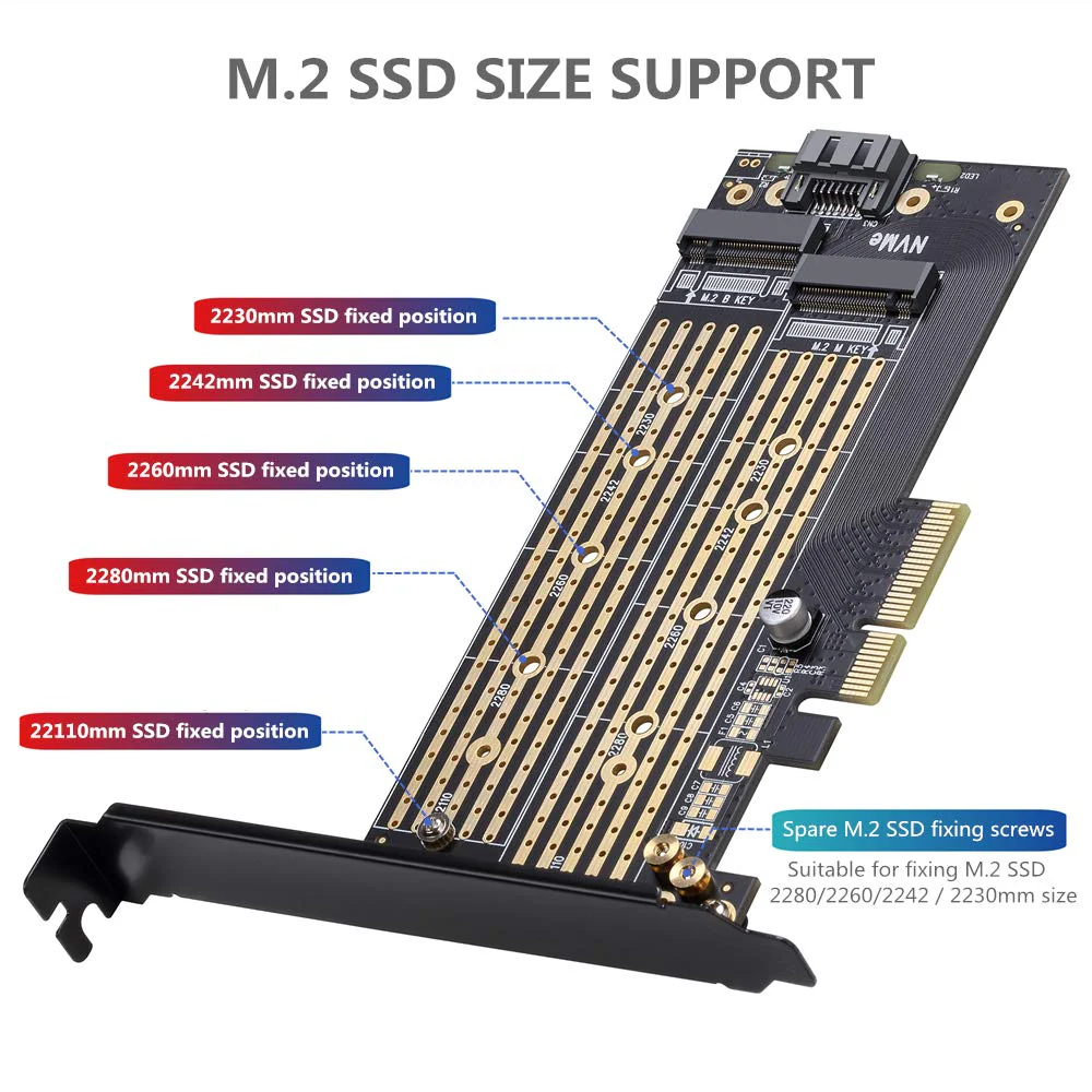 Dual M.2 PCIE Adapter for SATA or PCIE NVMe SSD with advanced heat sink solution,M.2 SSD NVME (m key) and SATA (b key) 22110 2280 2260 2242 2230 to PCI-e x 4 Host Controller Expansion Card - Image 5