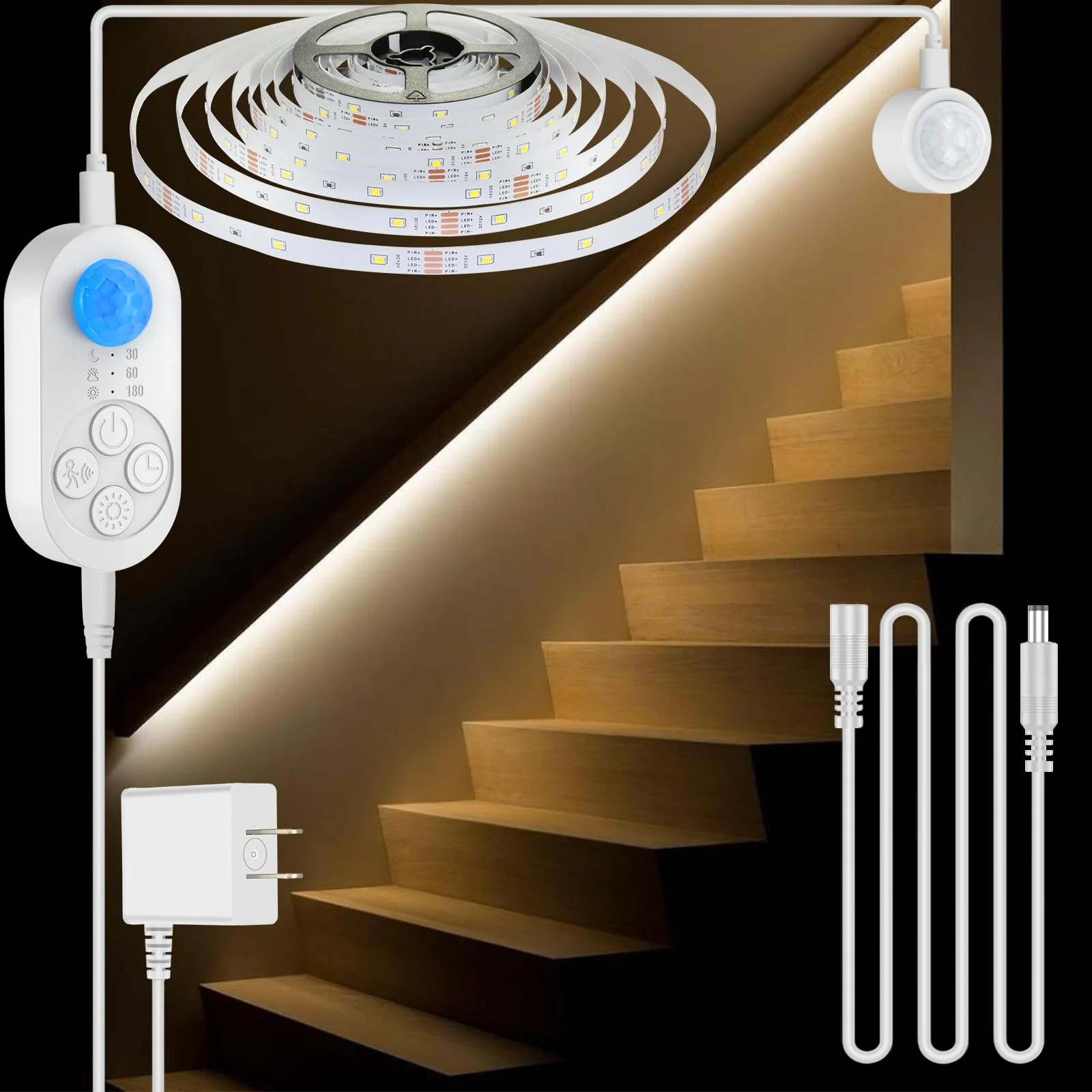 Dual Motion Sensor Light Indoor - Plug-in Adjustable LED Step Stair Light Strip with Double Sensor Detection, Timer & Dimmer for Staircase, Hallway, Bedroom (16.4FT 3000K Warm White) Power Adapter + 16.4FT DC Cable Warm White 3000K (16.4FT Light Strip)