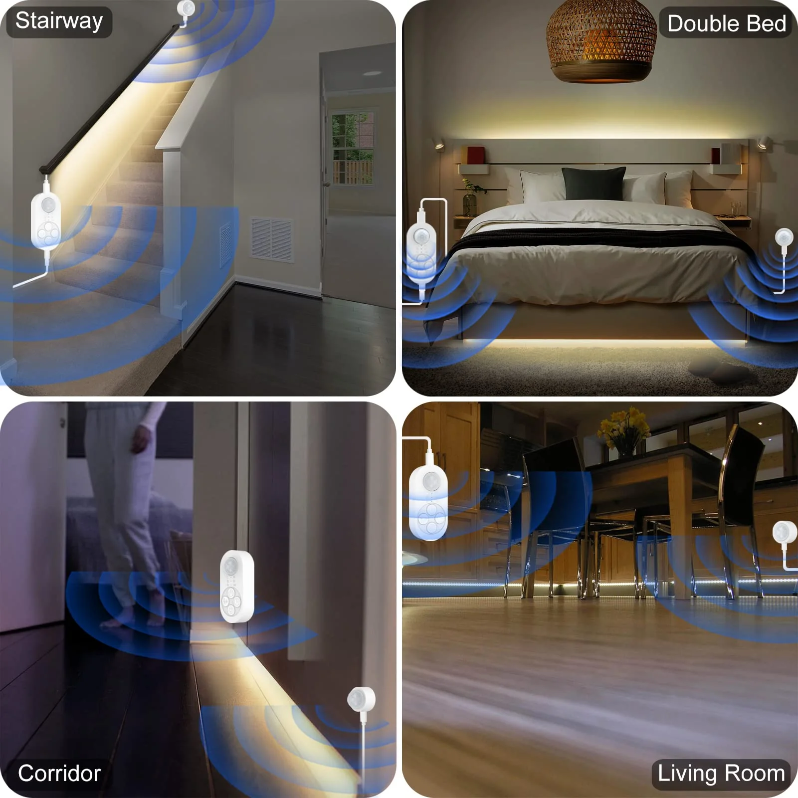 Dual Motion Sensor Light Indoor - Plug-in Adjustable LED Step Stair Light Strip with Double Sensor Detection, Timer & Dimmer for Staircase, Hallway, Bedroom (16.4FT 3000K Warm White) Power Adapter + 16.4FT DC Cable Warm White 3000K (16.4FT Light Strip) - Image 3