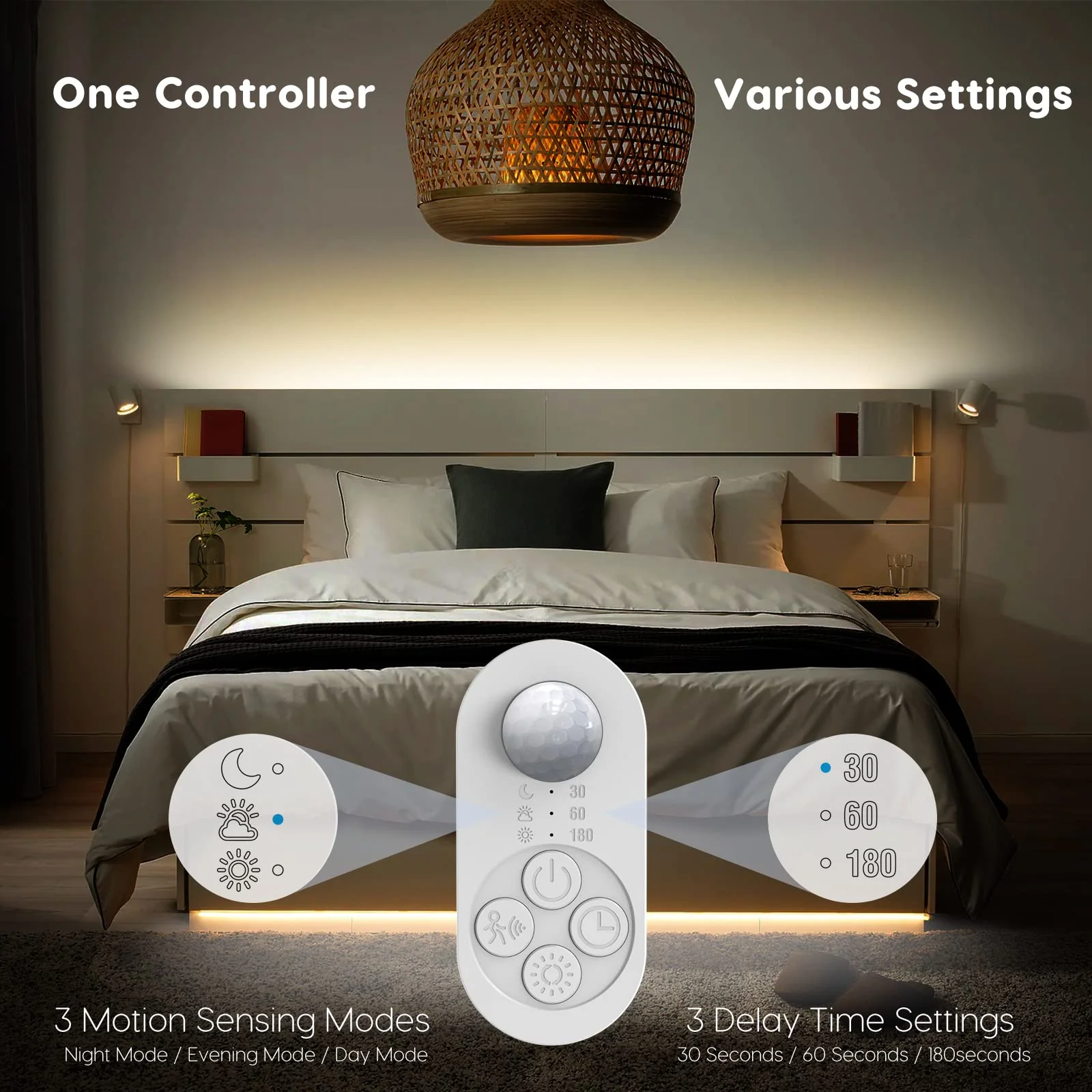 Dual Motion Sensor Light Indoor - Plug-in Adjustable LED Step Stair Light Strip with Double Sensor Detection, Timer & Dimmer for Staircase, Hallway, Bedroom (16.4FT 3000K Warm White) Power Adapter + 16.4FT DC Cable Warm White 3000K (16.4FT Light Strip) - Image 5