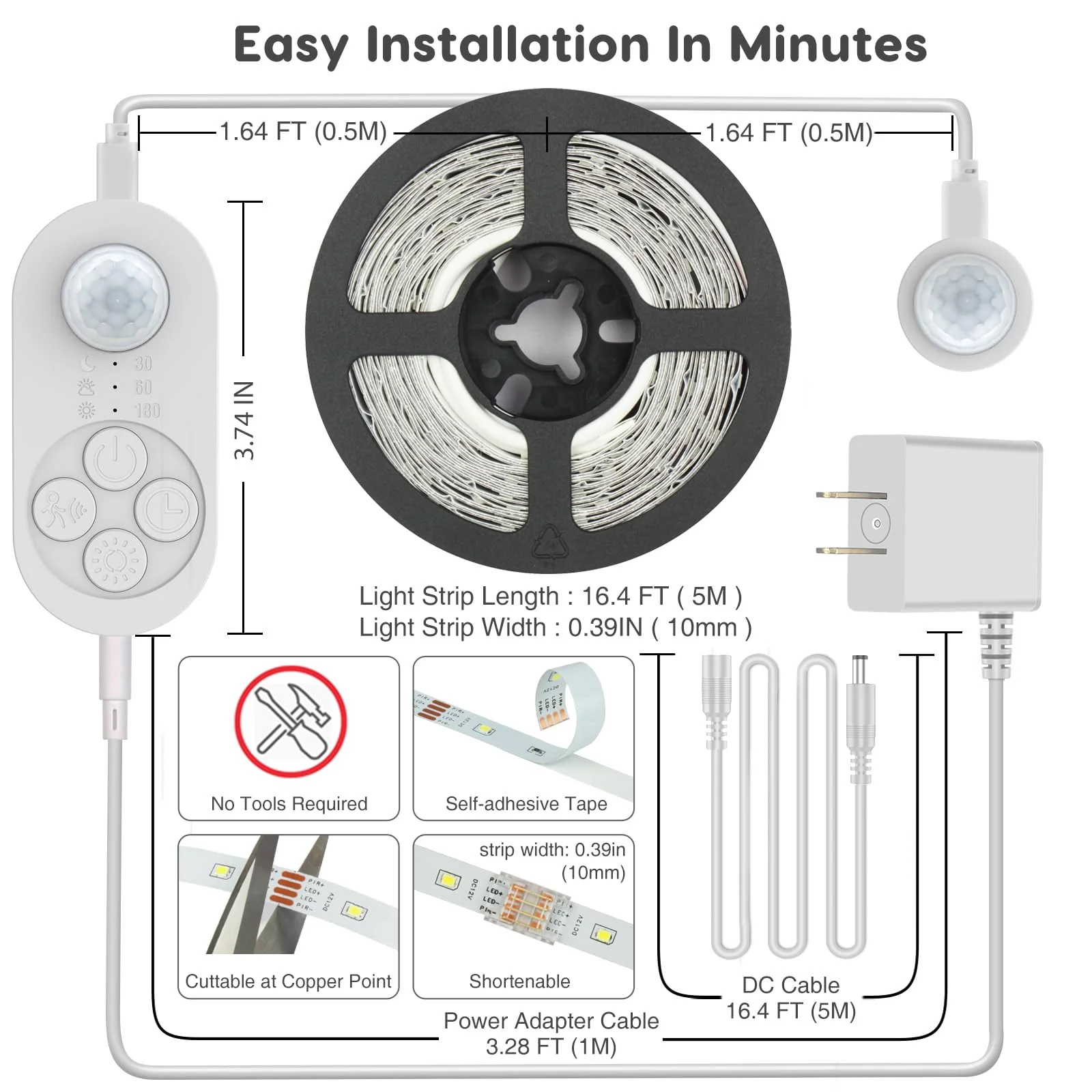 Dual Motion Sensor Light Indoor - Plug-in Adjustable LED Step Stair Light Strip with Double Sensor Detection, Timer & Dimmer for Staircase, Hallway, Bedroom (16.4FT 3000K Warm White) Power Adapter + 16.4FT DC Cable Warm White 3000K (16.4FT Light Strip) - Image 7