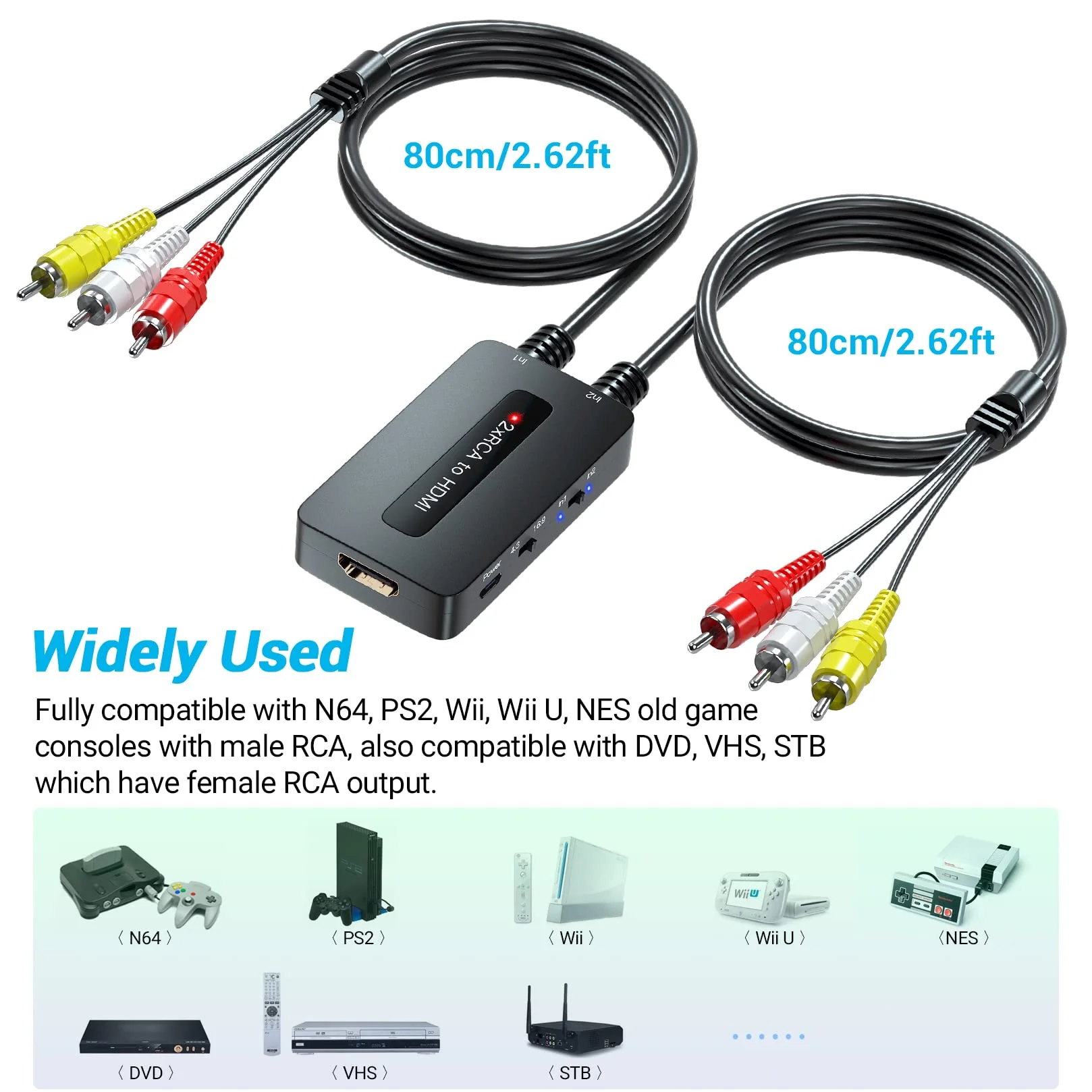 Dual Port RCA to HDMI, Double Composite AV to HDMI Converter, Two RCA in One HD Out Converter for N64/Wii/PS2/DVD/VHS to Display On Newer TVs - Image 6