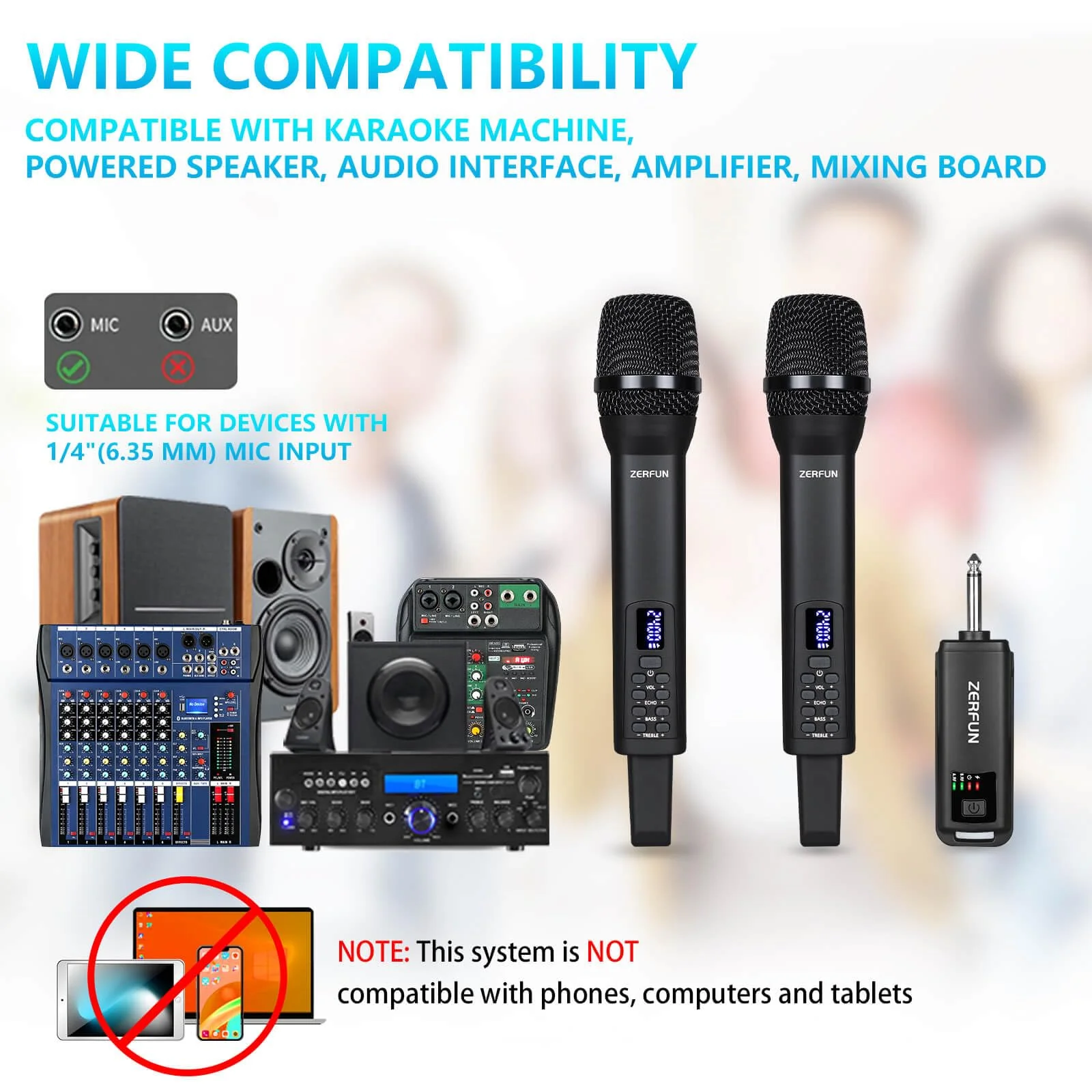 Dual Rechargeable Wireless Microphones, Pro Handheld Cordless Mics System with Echo Treble BASS VOL Control for Karaoke Singing Church Party, 1/4'' Output, Black 2 Mics, Black - Image 2