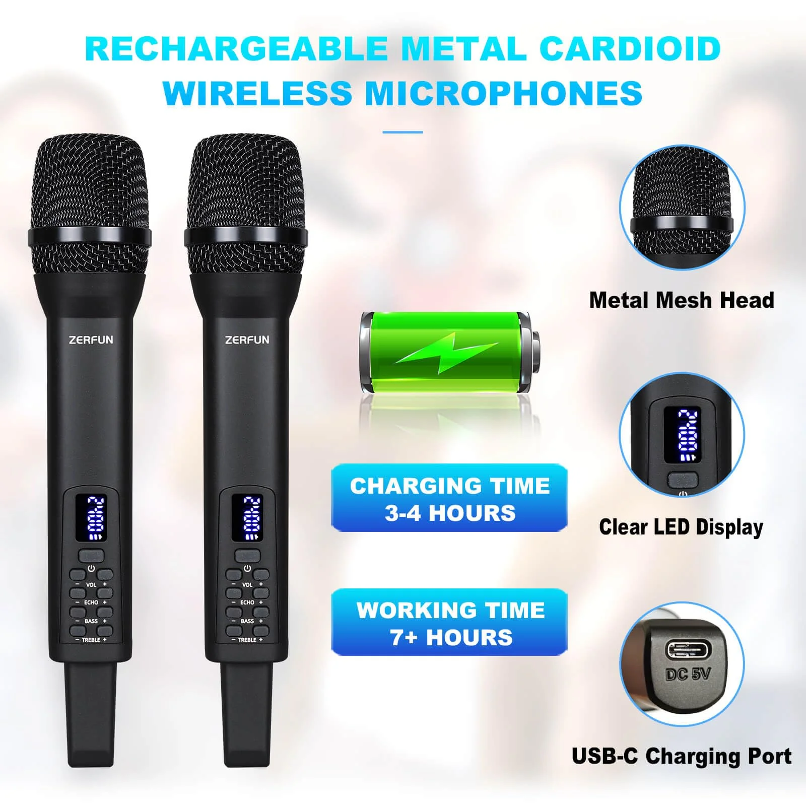 Dual Rechargeable Wireless Microphones, Pro Handheld Cordless Mics System with Echo Treble BASS VOL Control for Karaoke Singing Church Party, 1/4'' Output, Black 2 Mics, Black - Image 3