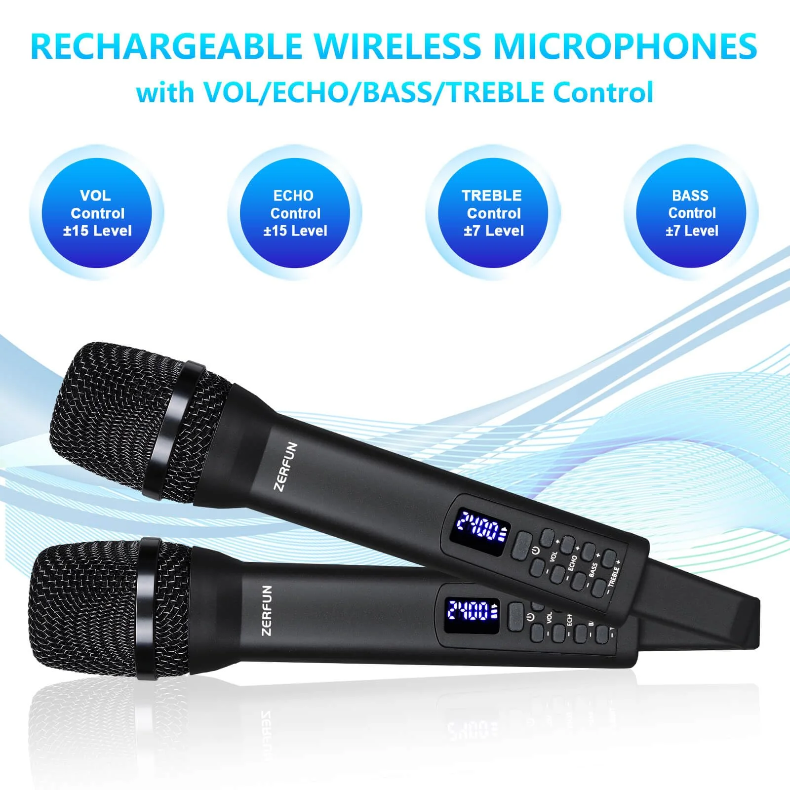 Dual Rechargeable Wireless Microphones, Pro Handheld Cordless Mics System with Echo Treble BASS VOL Control for Karaoke Singing Church Party, 1/4'' Output, Black 2 Mics, Black - Image 4