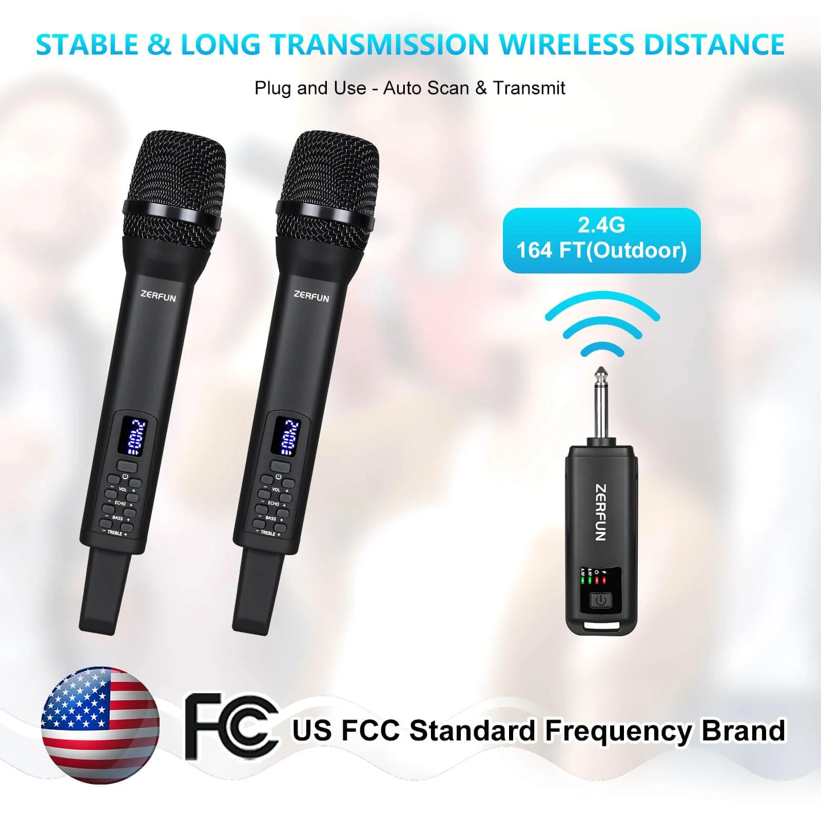 Dual Rechargeable Wireless Microphones, Pro Handheld Cordless Mics System with Echo Treble BASS VOL Control for Karaoke Singing Church Party, 1/4'' Output, Black 2 Mics, Black - Image 5