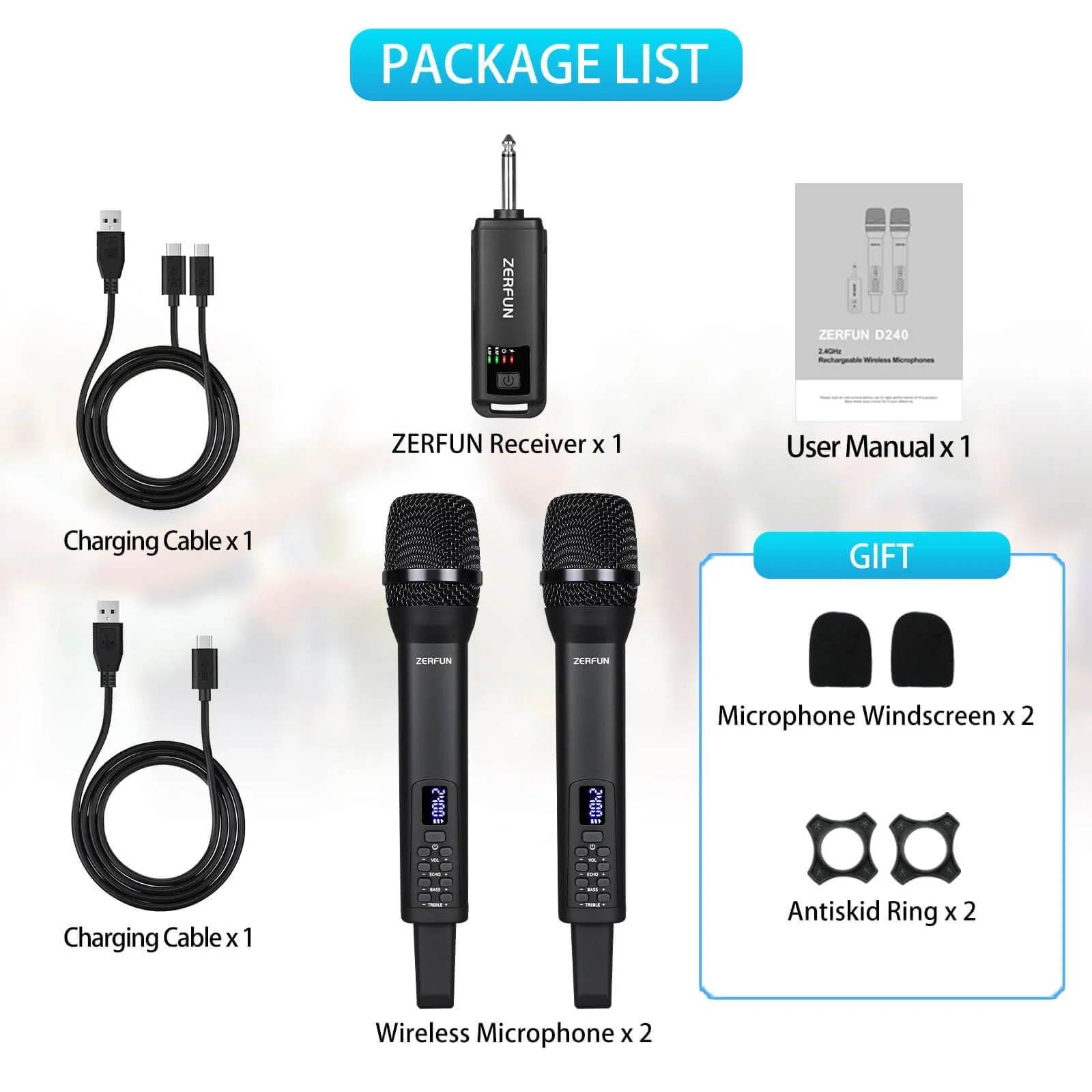 Dual Rechargeable Wireless Microphones, Pro Handheld Cordless Mics System with Echo Treble BASS VOL Control for Karaoke Singing Church Party, 1/4'' Output, Black 2 Mics, Black - Image 7