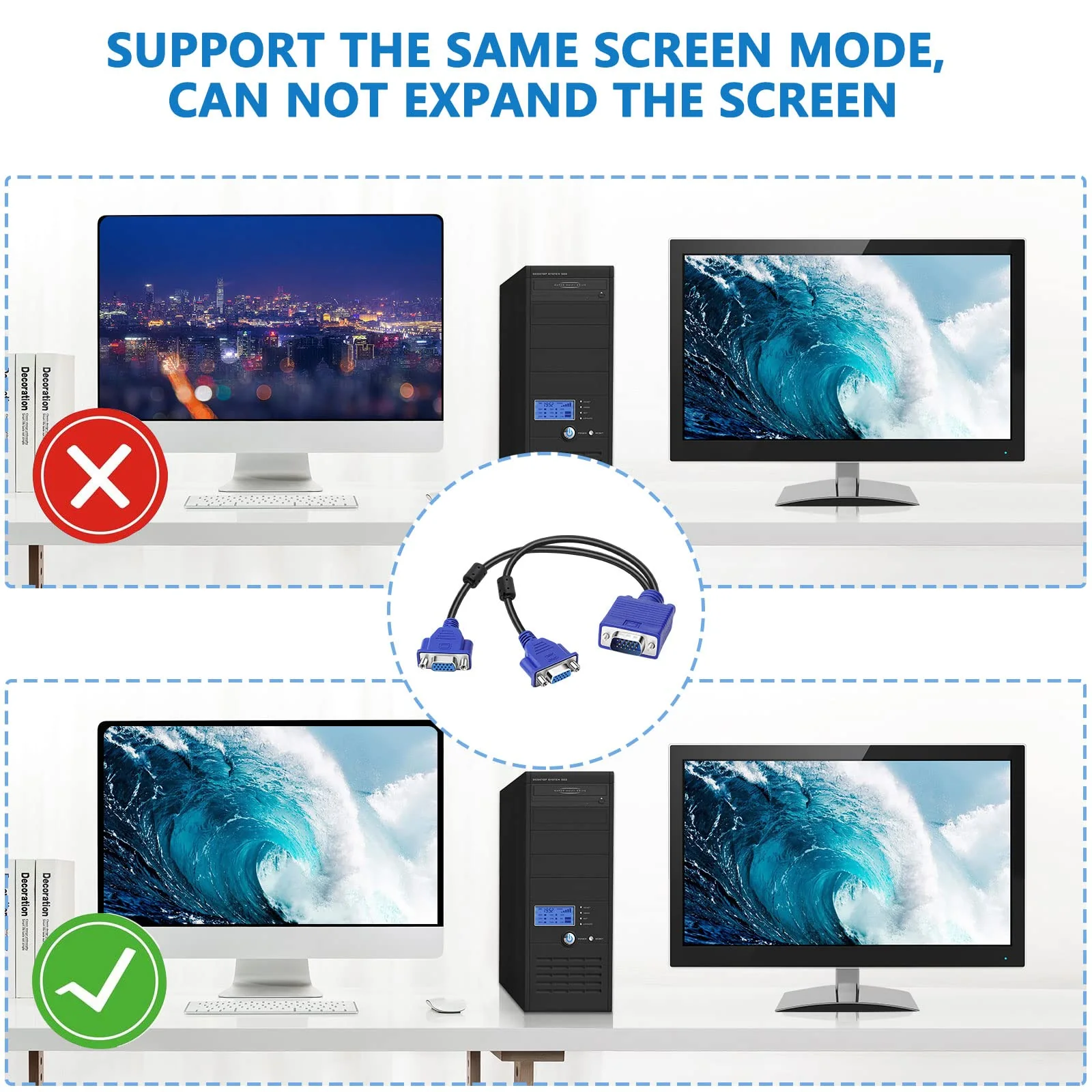 Dual VGA Splitter Monitor Cable 1 Male to 2 Female Adapter Converter VGA Video Y Cable Cord for Screen Duplication - Image 2