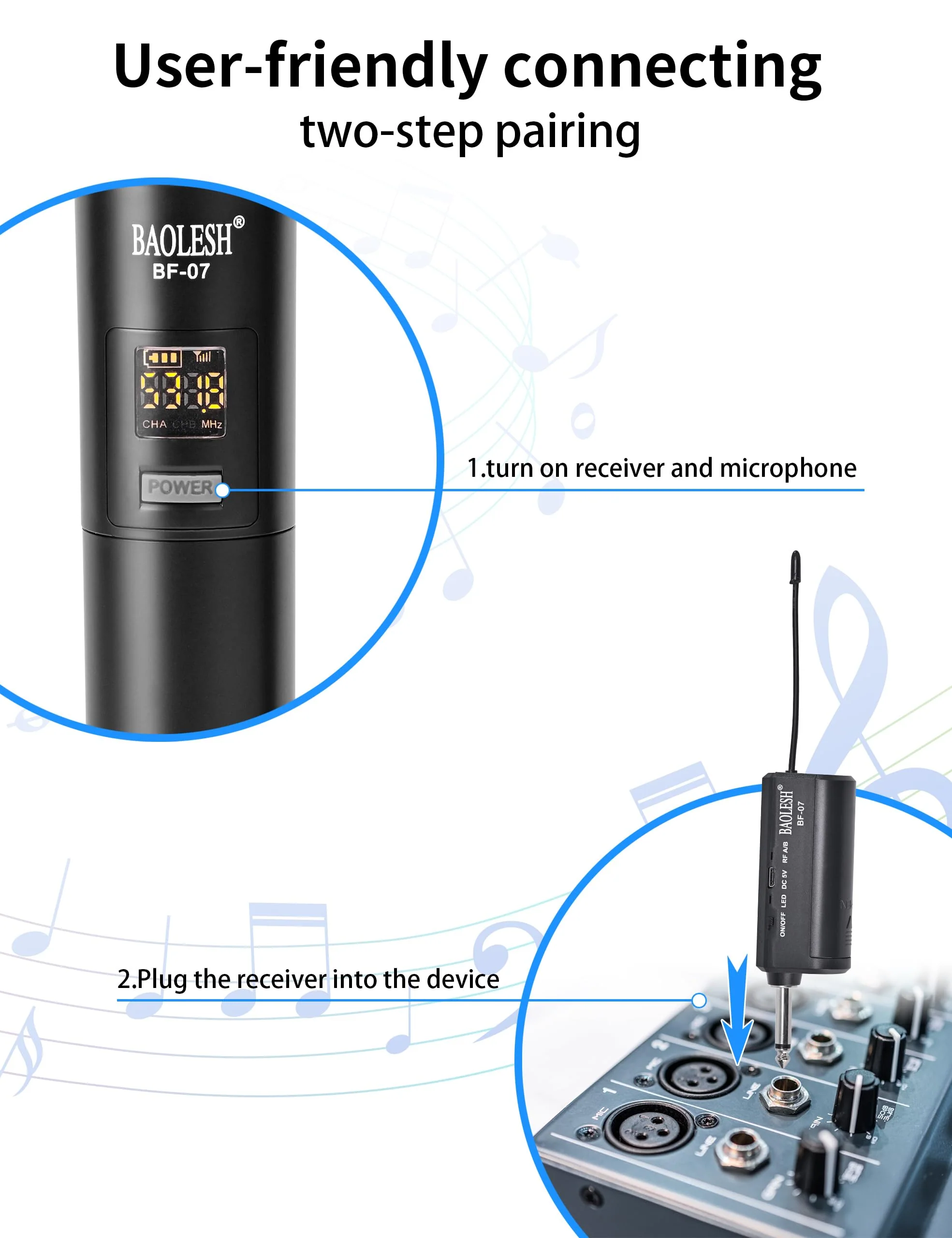 Dual Wireless Microphones Karaoke for Singing, Cordless Dynamic Microphone System for Long-Distance Use, with Rechargeable UHF Receiver, Perfect for Karaoke, Church, Speech, Wedding, Party - Image 3