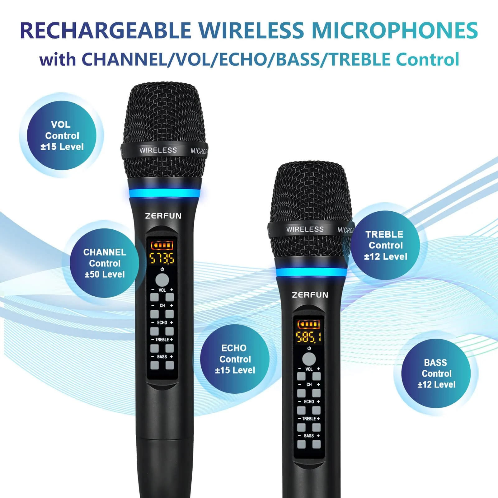 Dual Wireless Microphones Rechargeable, UHF Metal Wireless Mic System Cordless Microphone Professional with Echo Treble BASS VOL Channel Control for Karaoke Singing Church Events WM-2 A - Image 3