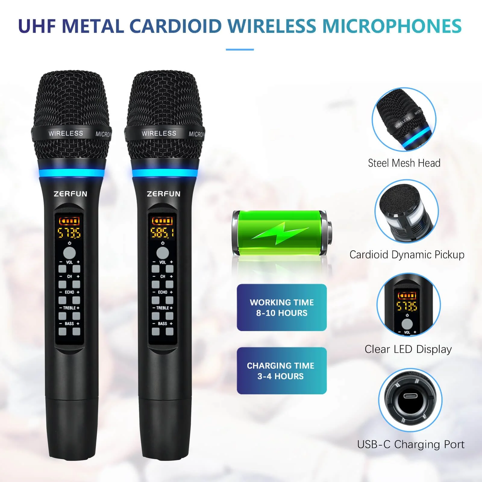 Dual Wireless Microphones Rechargeable, UHF Metal Wireless Mic System Cordless Microphone Professional with Echo Treble BASS VOL Channel Control for Karaoke Singing Church Events WM-2 A - Image 4