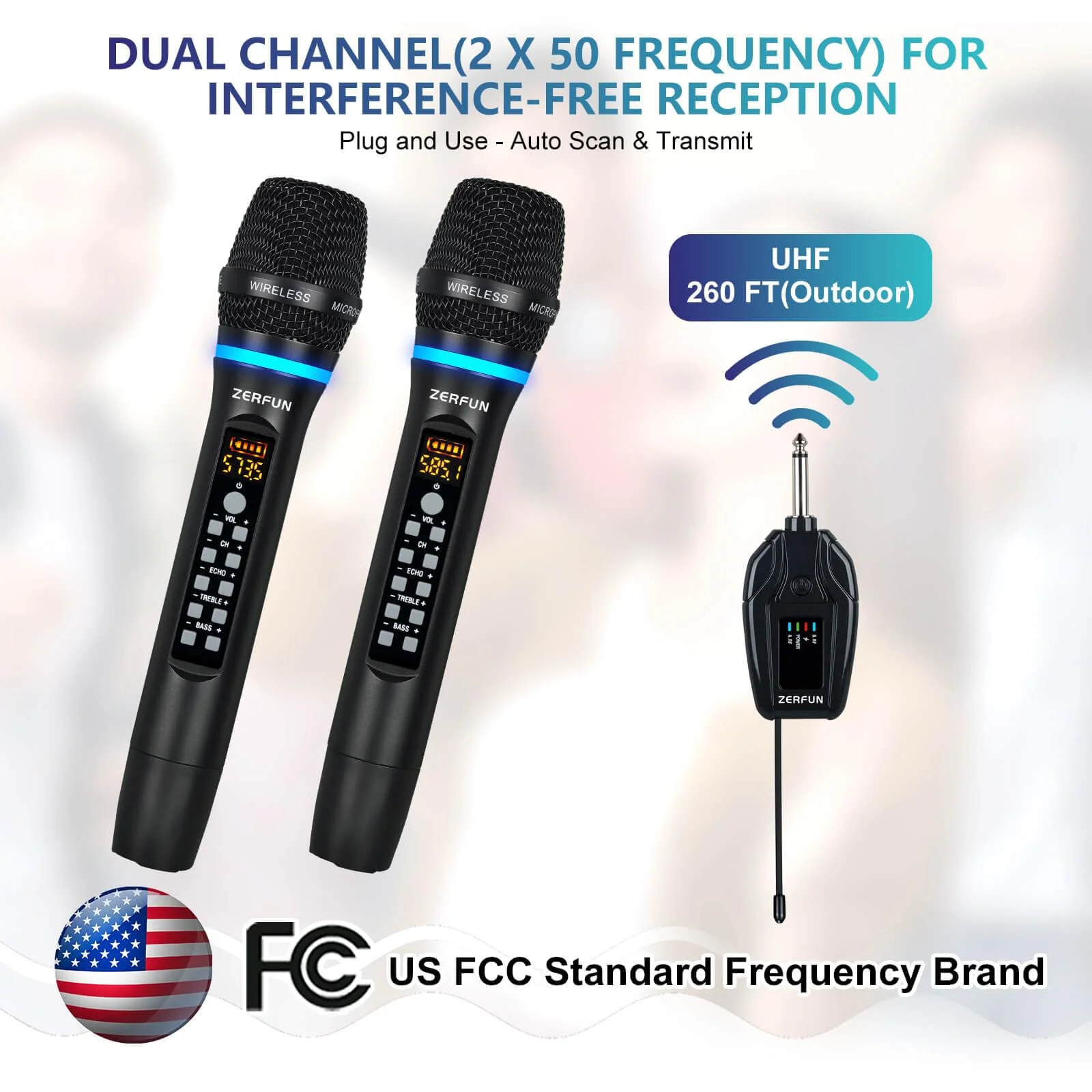 Dual Wireless Microphones Rechargeable, UHF Metal Wireless Mic System Cordless Microphone Professional with Echo Treble BASS VOL Channel Control for Karaoke Singing Church Events WM-2 A - Image 5