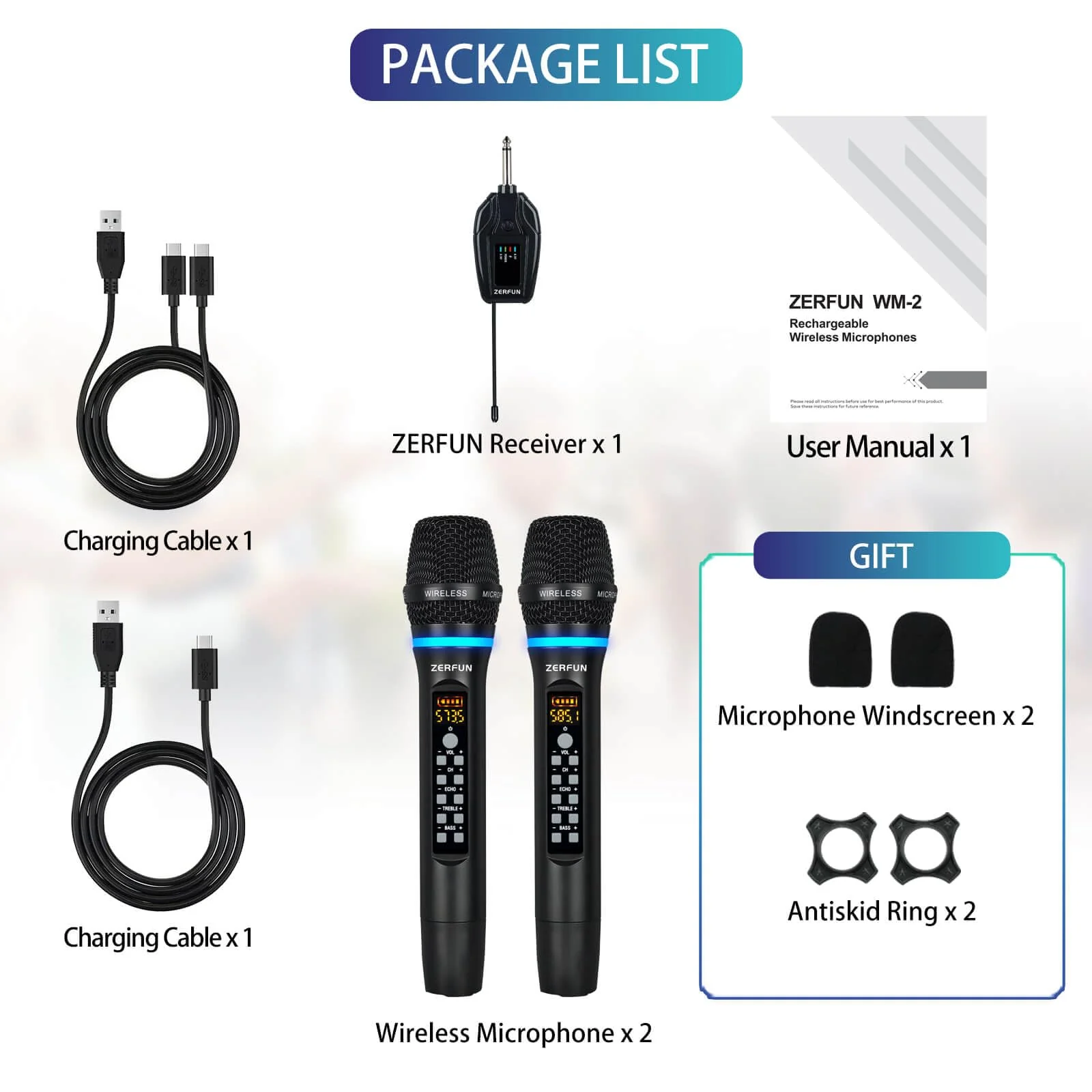 Dual Wireless Microphones Rechargeable, UHF Metal Wireless Mic System Cordless Microphone Professional with Echo Treble BASS VOL Channel Control for Karaoke Singing Church Events WM-2 A - Image 7