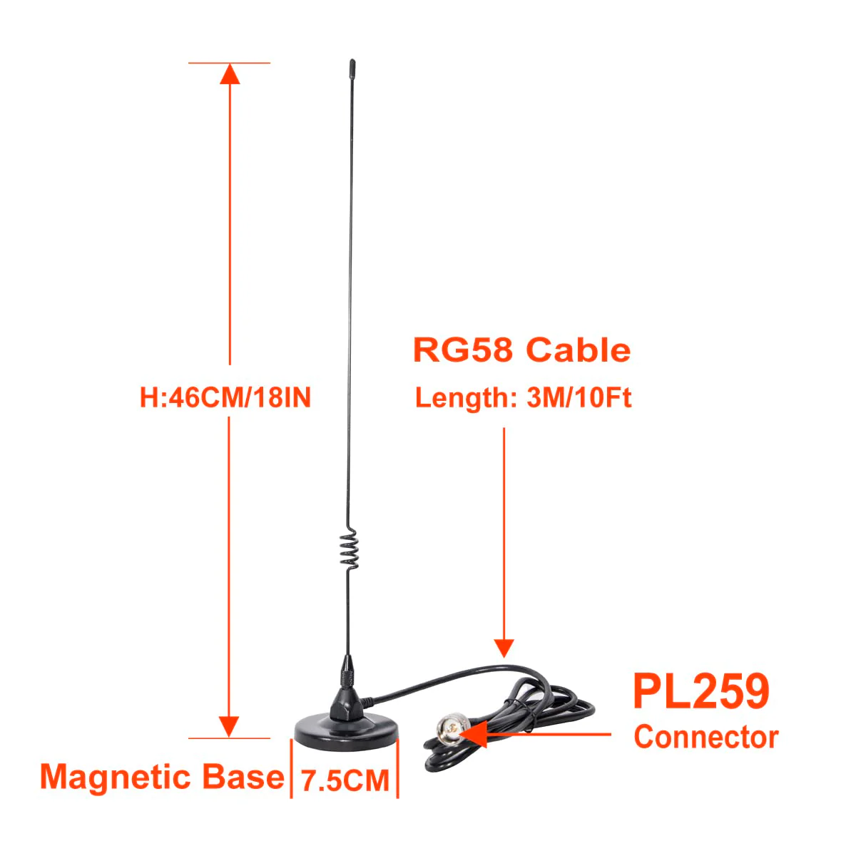 Dualband Antenna 2meter 70cm Mobile VHF/UHF Ham Radio (137-149, 437-480 Mhz) Mag Mount Magnet Base PL-259 Connector, 10 Ft RG58 Cable - Image 4