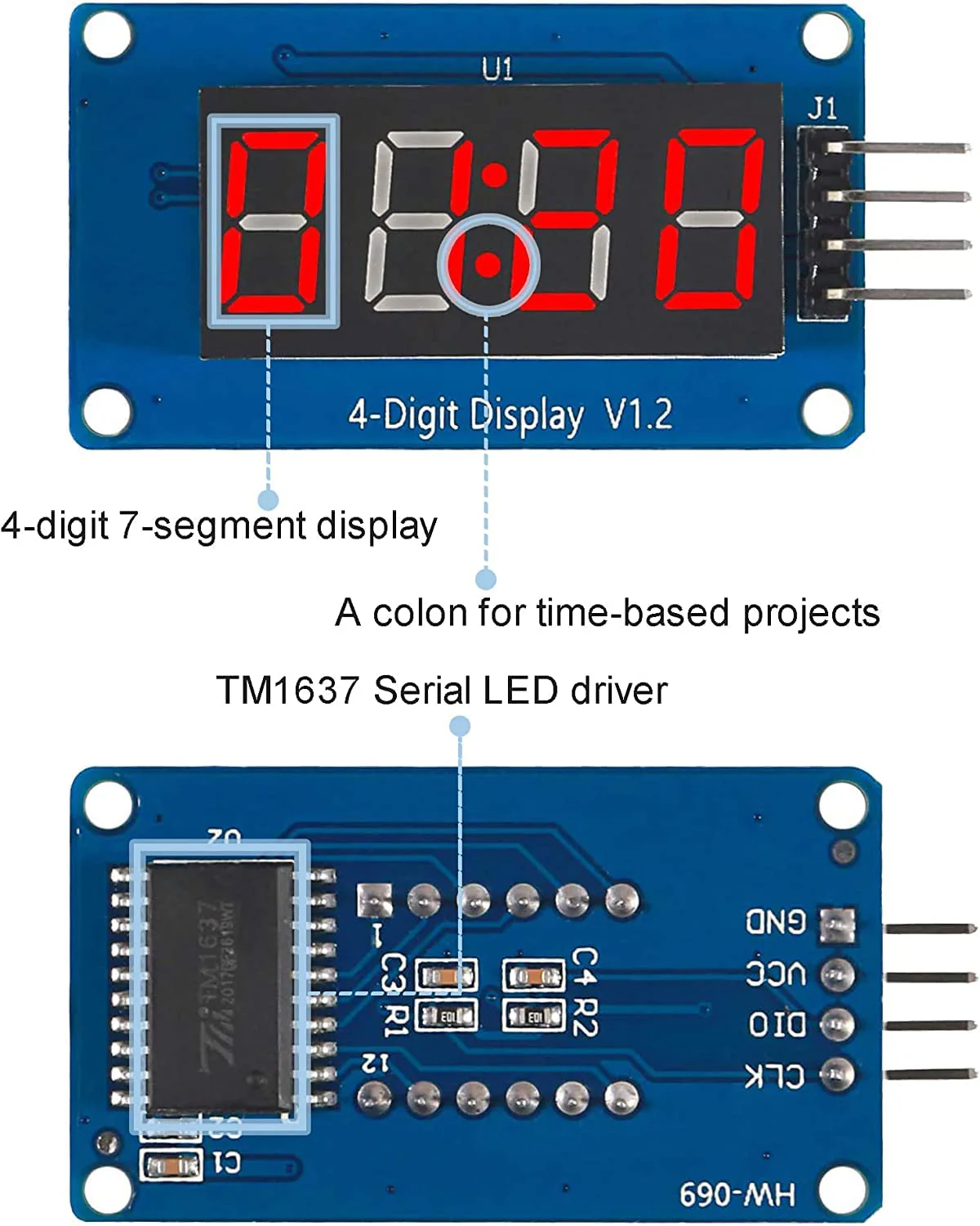 DUBEUYEW Display Module TM1637 0.36 Inch 4 Character 7 Segment 4 Bits Red Digital Tube for Arduino Driver Board (Pack of 4) - Image 2
