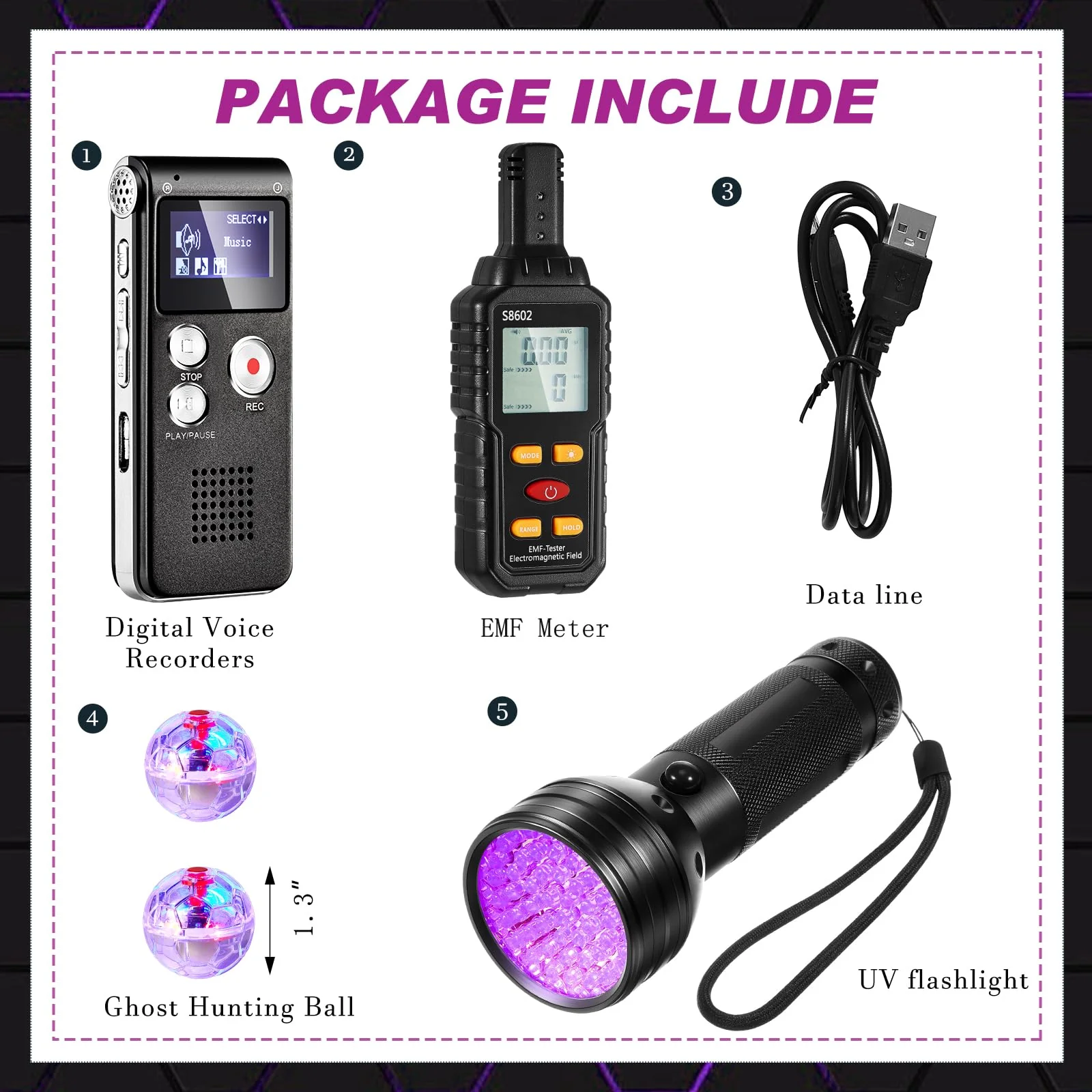 Dunzy 7 Pcs Ghost Hunting Equipment Kit for Paranormal Enthusiasts Includes 8GB Digital Voice Audio Recorder, Emf Meter Detector, 4 Pcs Ghost Hunting Cat Balls, UV Flashlight Set for Entertainment Use - Image 2