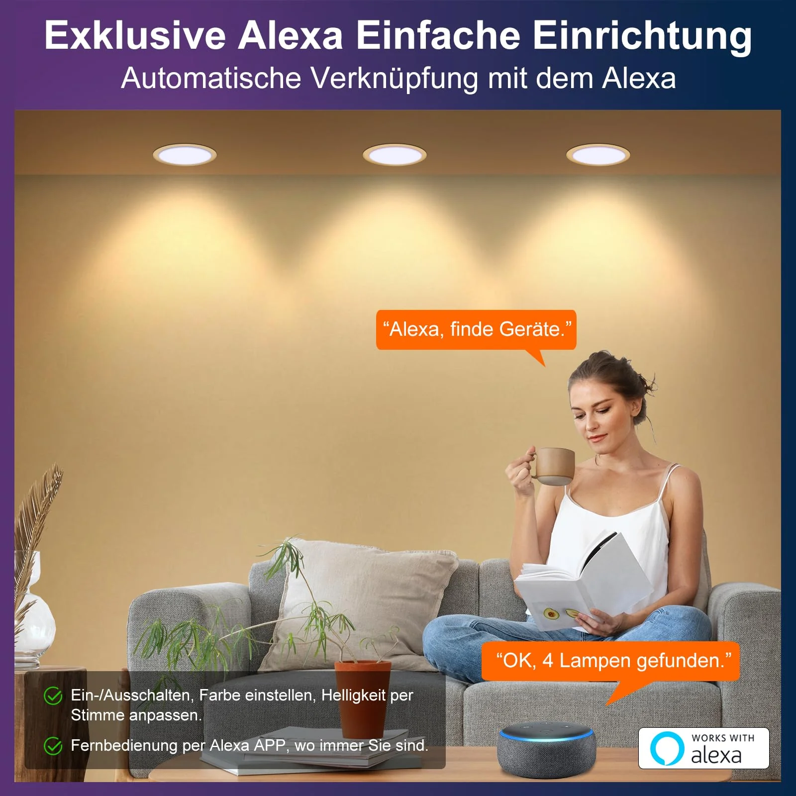 DUSKTEC Recessed LED Downlights Alexa, Smart Spot Lights Ceiling with APP & Voice Control, RGB Colour LED Spotlights 2700K-6000K, 7W Warm White to Cool White Dimmable Ceiling Recessed Lights Ø68-85mm Lochmass 7W - Image 2