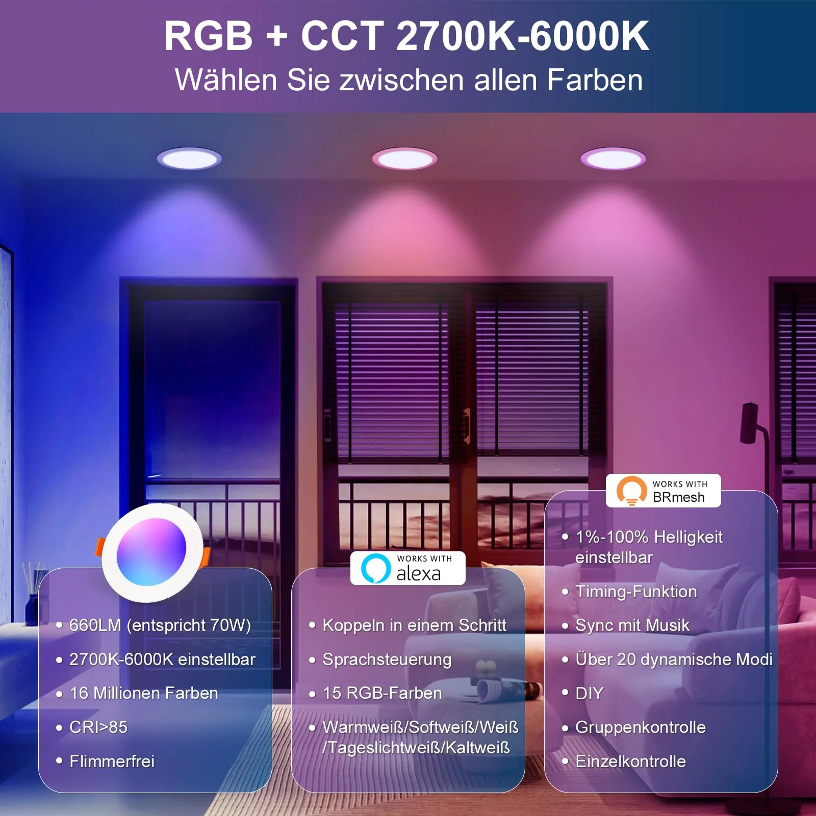 DUSKTEC Recessed LED Downlights Alexa, Smart Spot Lights Ceiling with APP & Voice Control, RGB Colour LED Spotlights 2700K-6000K, 7W Warm White to Cool White Dimmable Ceiling Recessed Lights Ø68-85mm Lochmass 7W - Image 3