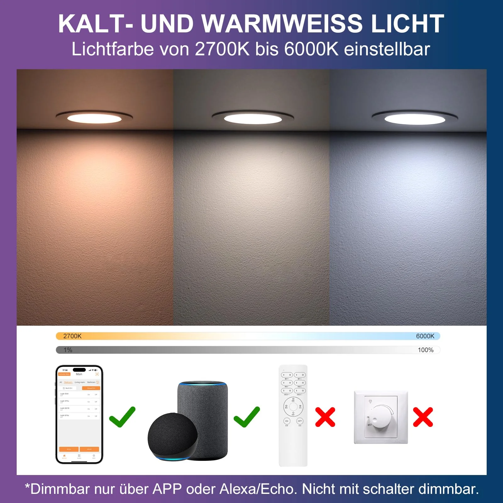 DUSKTEC Recessed LED Downlights Alexa, Smart Spot Lights Ceiling with APP & Voice Control, RGB Colour LED Spotlights 2700K-6000K, 7W Warm White to Cool White Dimmable Ceiling Recessed Lights Ø68-85mm Lochmass 7W - Image 4