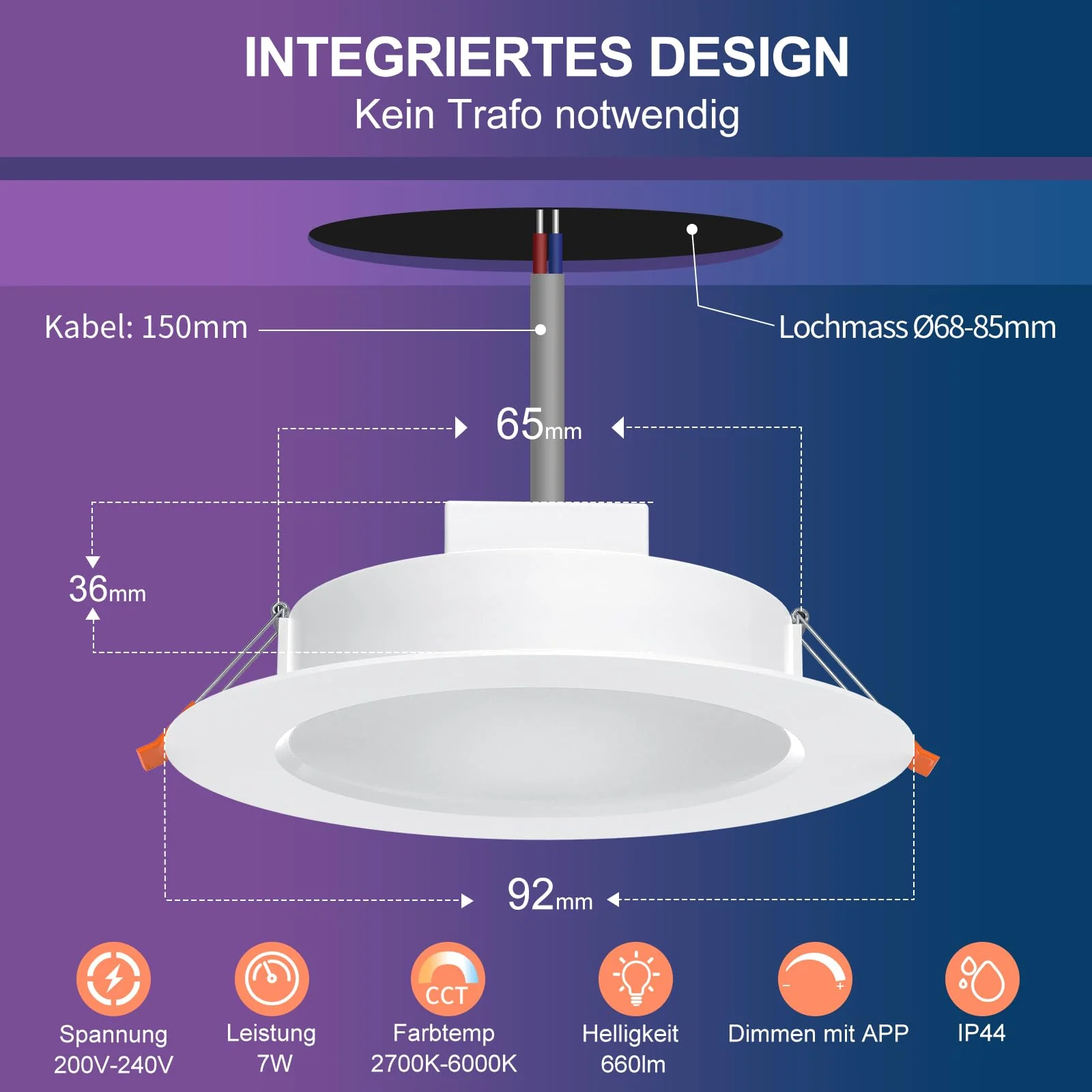 DUSKTEC Recessed LED Downlights Alexa, Smart Spot Lights Ceiling with APP & Voice Control, RGB Colour LED Spotlights 2700K-6000K, 7W Warm White to Cool White Dimmable Ceiling Recessed Lights Ø68-85mm Lochmass 7W - Image 5