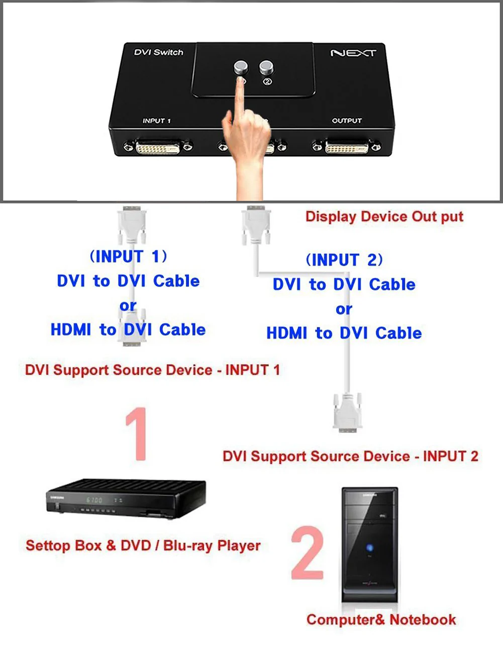 DVI 2 Port Manual Switch Box Monitor Single Mode 1920x1080 2:1 - Image 3