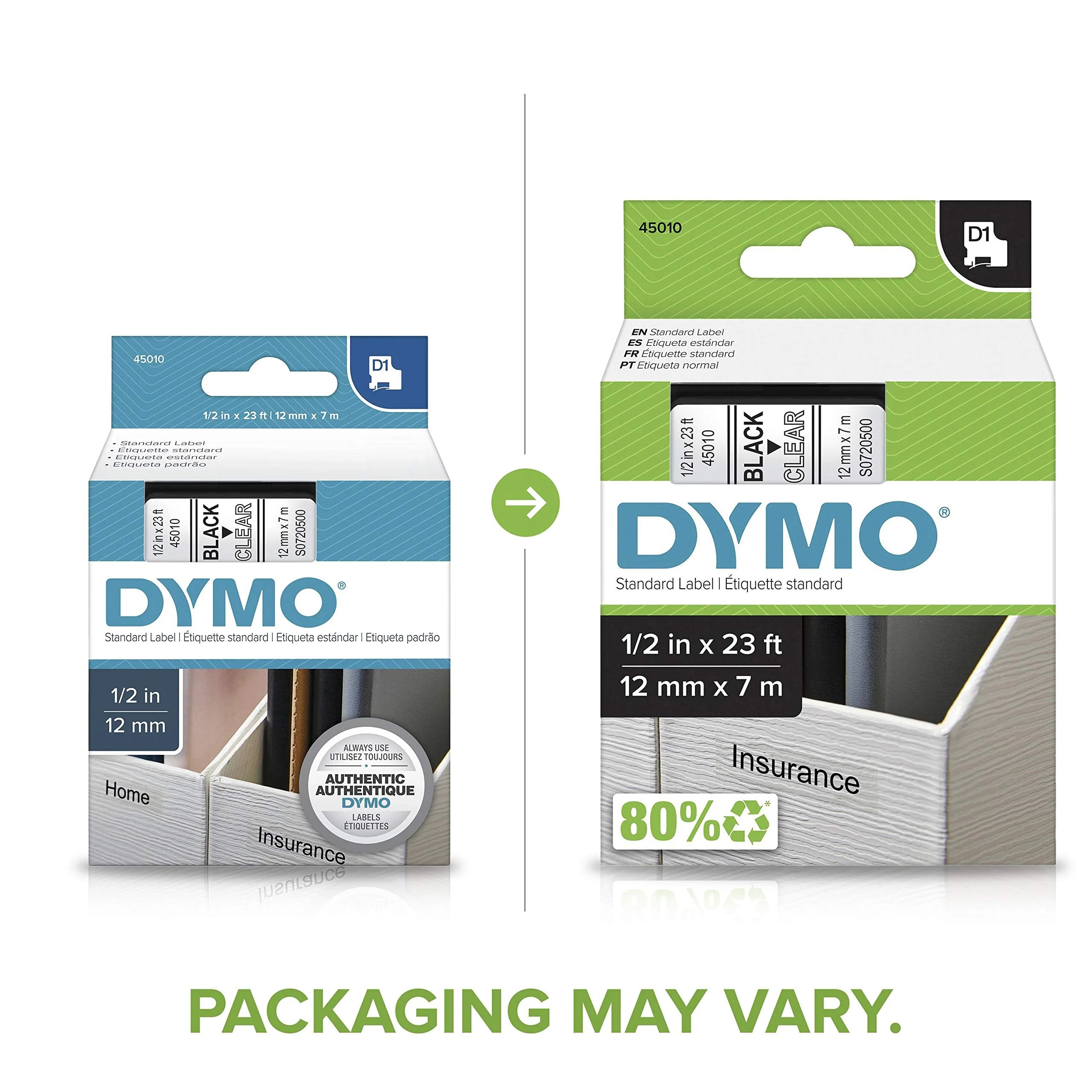 DYMO Standard D1 45010 Labels for LabelManager Label Makers, 1/2" W x 23' L, Black Print on Clear Tape, Self-Adhesive, 1 Cartridge 1/2" Black on Clear - Image 2