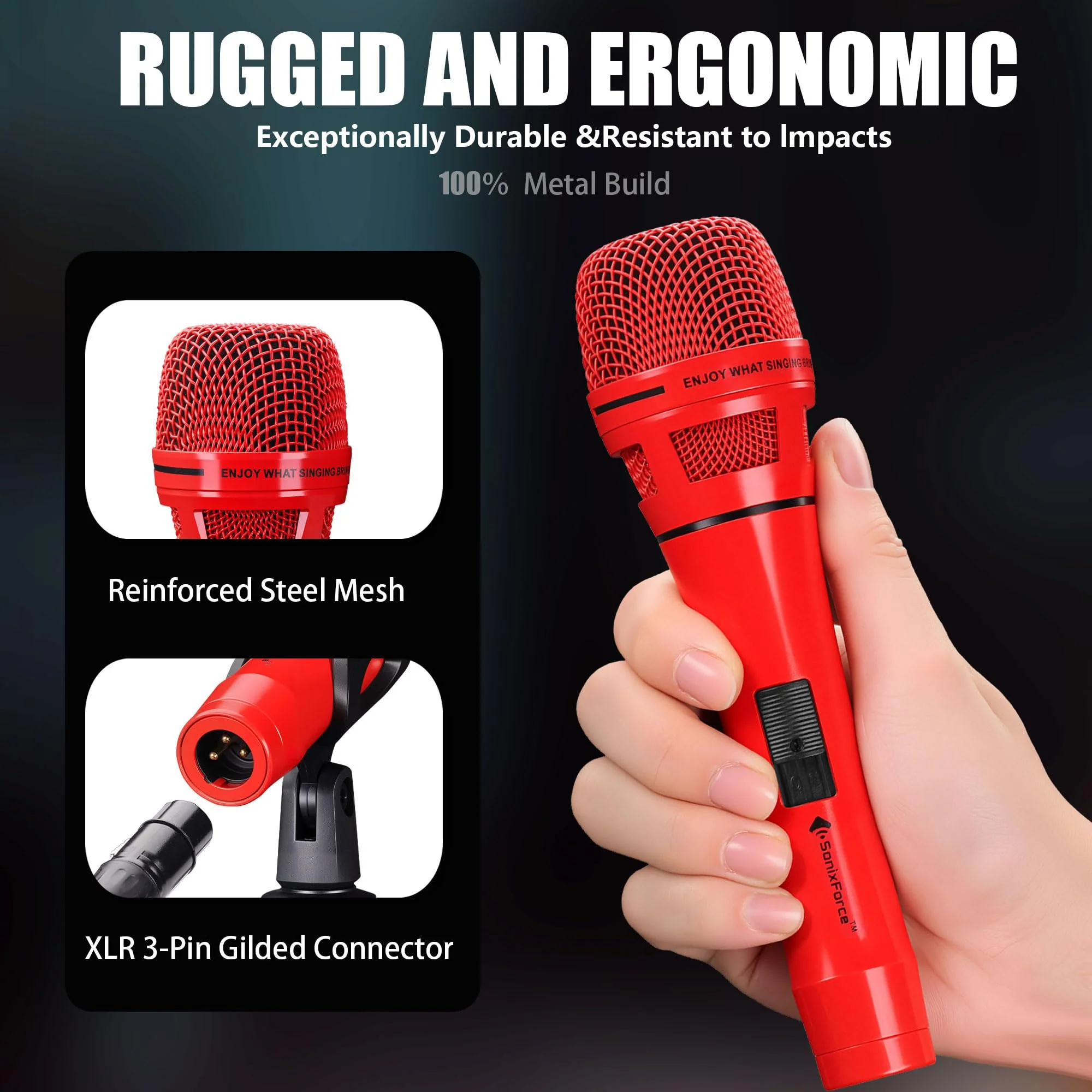 Dynamic Microphone - Professional Vocal Microphone for Singing - Premium Handheld Wired Mic with 16ft XLR to 1/4" Audio Cable - Microfono for Speaker, Mixer, Amplifier & Karaoke Machine Red - Image 3