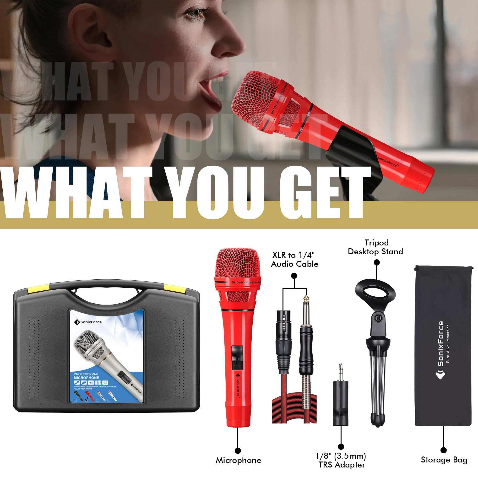 Dynamic Microphone - Professional Vocal Microphone for Singing - Premium Handheld Wired Mic with 16ft XLR to 1/4" Audio Cable - Microfono for Speaker, Mixer, Amplifier & Karaoke Machine Red - Image 5