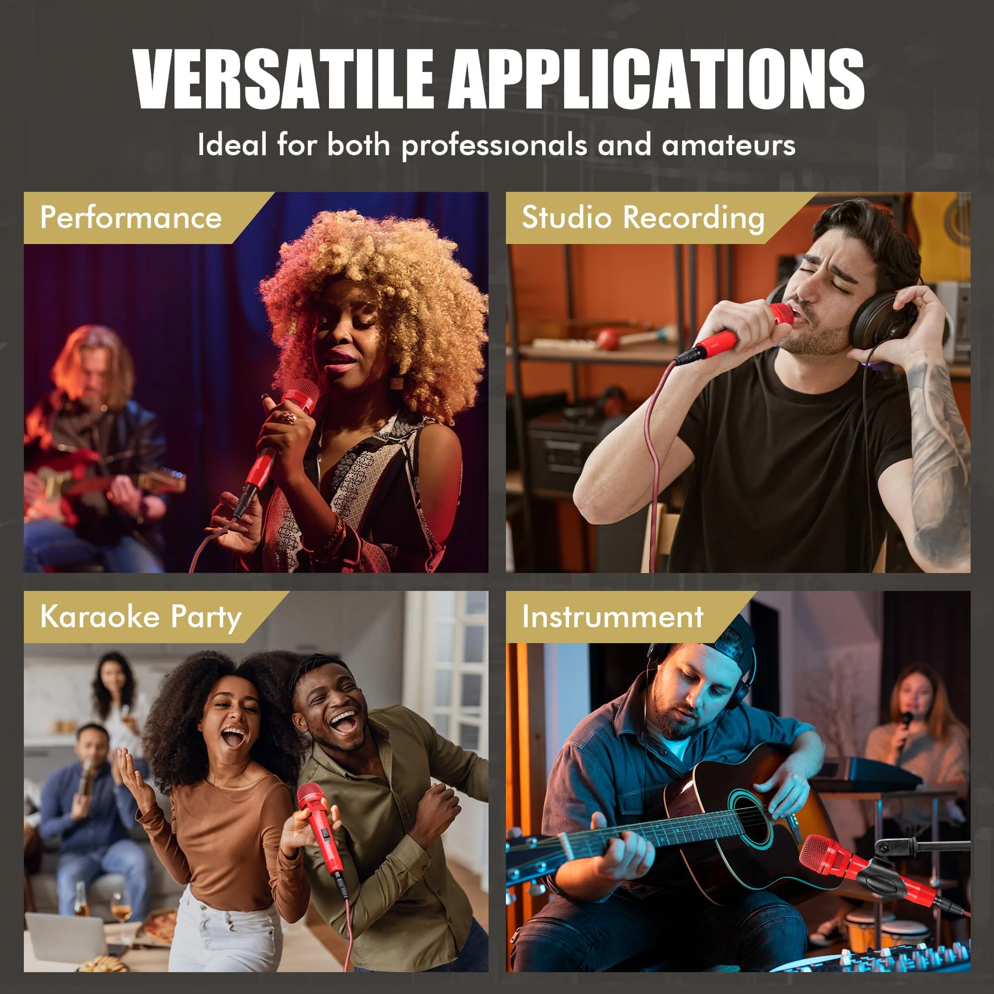 Dynamic Microphone - Professional Vocal Microphone for Singing - Premium Handheld Wired Mic with 16ft XLR to 1/4" Audio Cable - Microfono for Speaker, Mixer, Amplifier & Karaoke Machine Red - Image 7