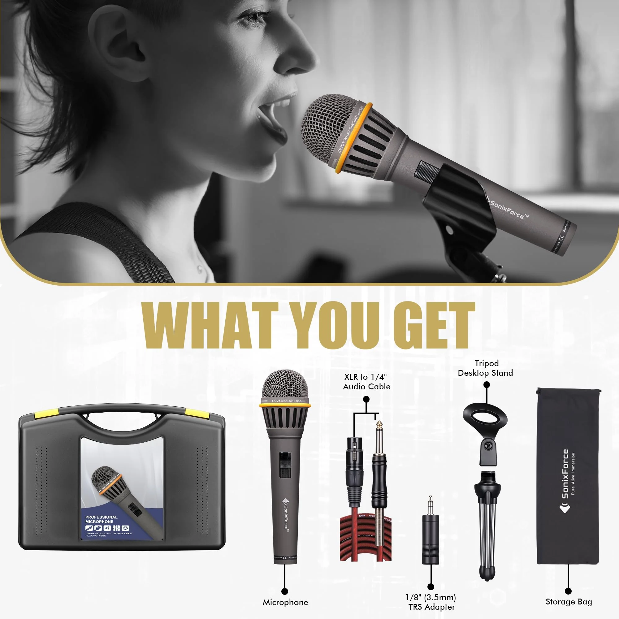 Dynamic Microphone - Vocal Microphone for Singing - Handheld Wired Microphones with 16ft XLR to 1/4" Audio Cable - Mic for Speaker, Mixer, Amplifier & Karaoke Machine (Matte Grey) Matte Grey - Image 5