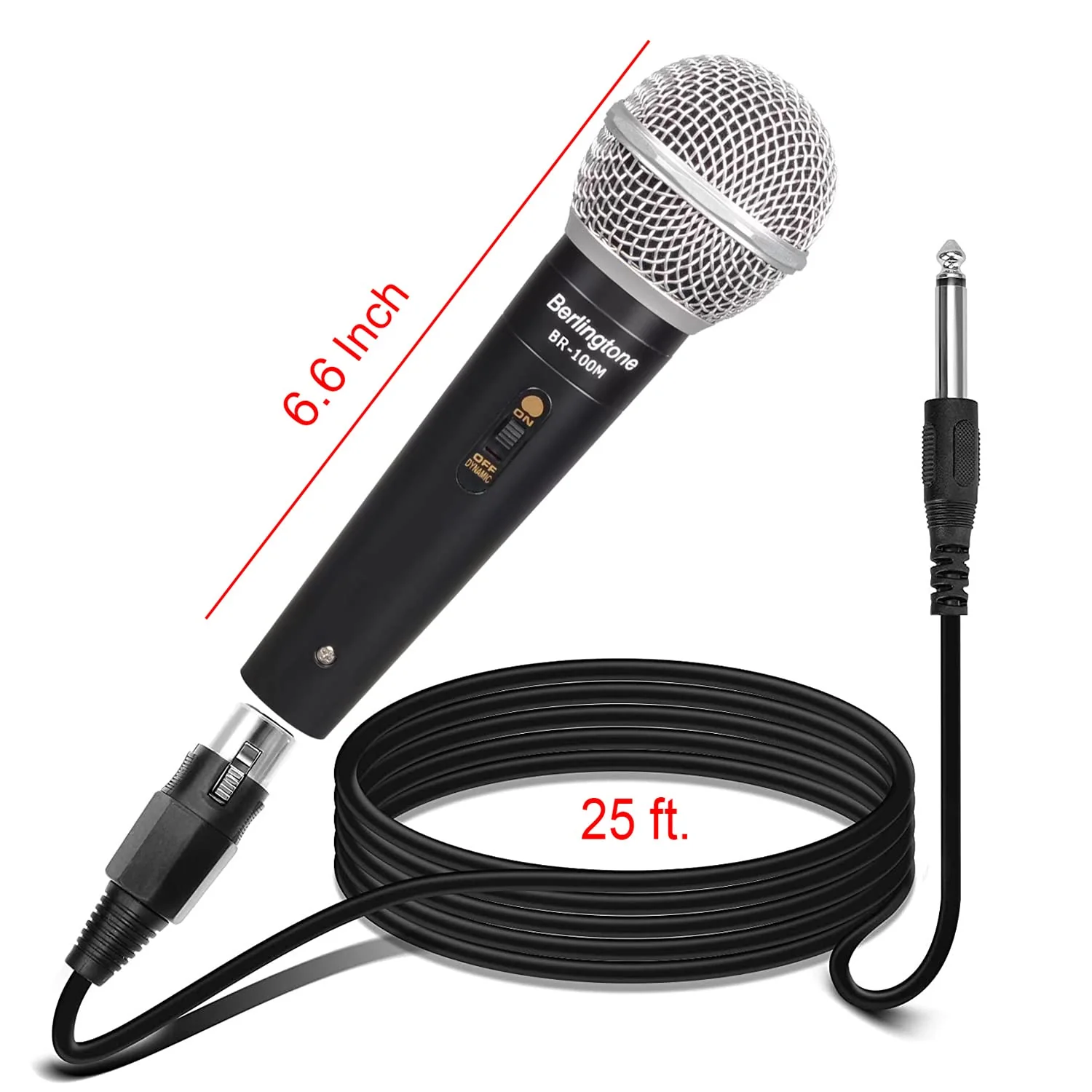 Dynamic Vocal Microphone - Metal Casing, Microphone for Singing, Speaking, Wired, 25ft XLR Cabel, Cardioid, with ON/Off Switch, Black/Silver - Image 4