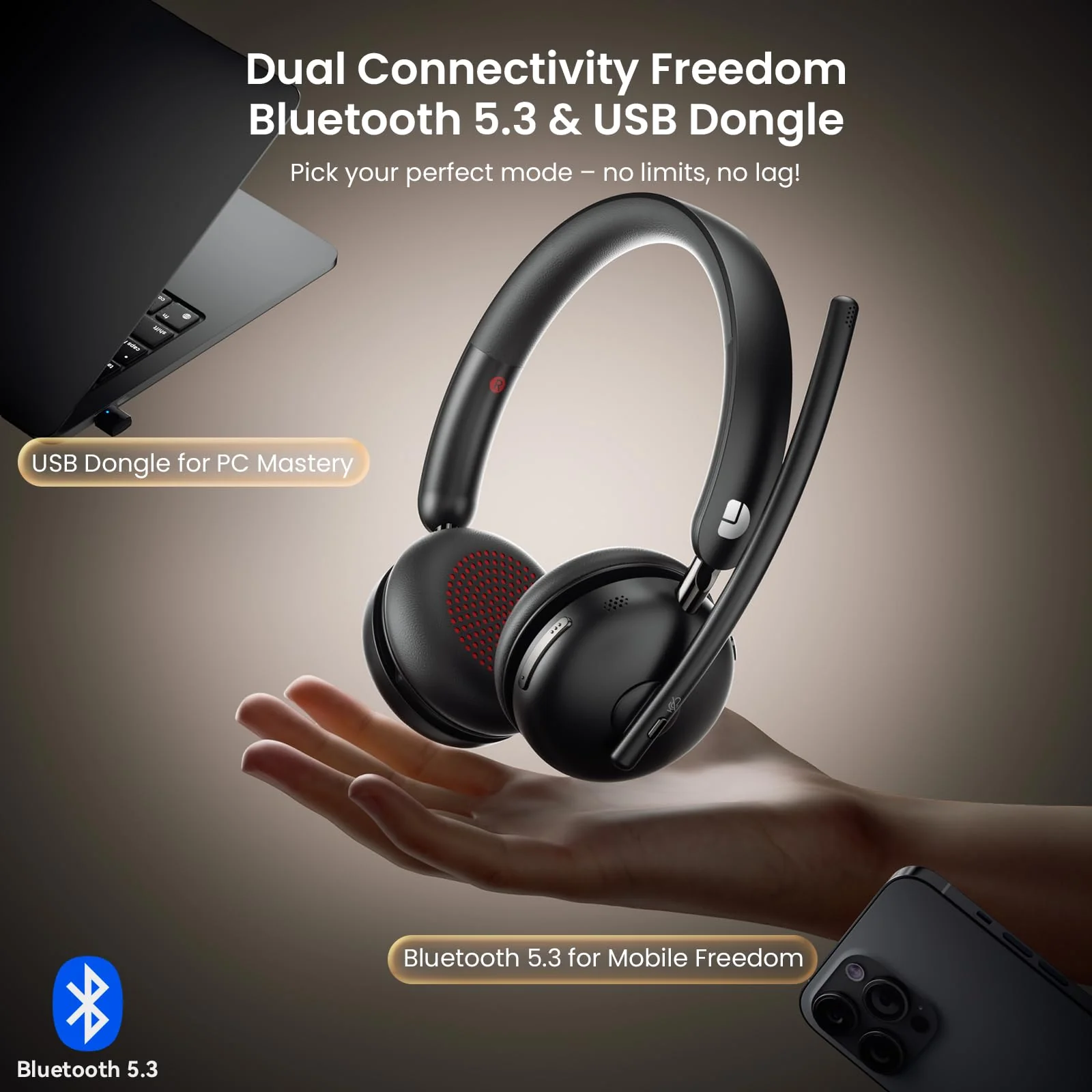 Dytole Wireless Headset with Mic for Work, Bluetooth 5.3 Headset with Noise Cancelling, Wireless Headphones with Mic & USB Dongle, 65H & Mute, Ideal for PC/Call Center/Computer/Laptop/Study - Image 2
