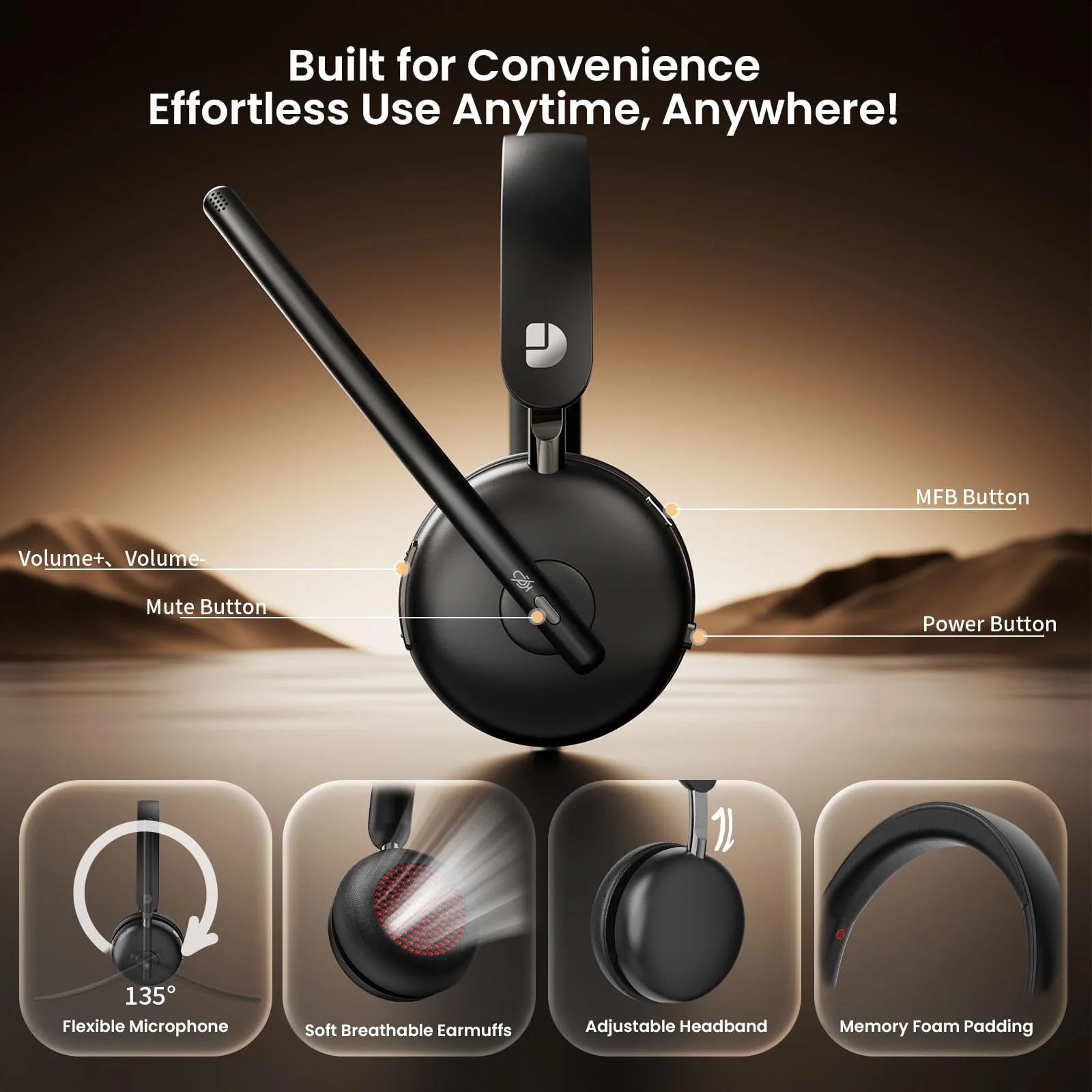 Dytole Wireless Headset with Mic for Work, Bluetooth 5.3 Headset with Noise Cancelling, Wireless Headphones with Mic & USB Dongle, 65H & Mute, Ideal for PC/Call Center/Computer/Laptop/Study - Image 6