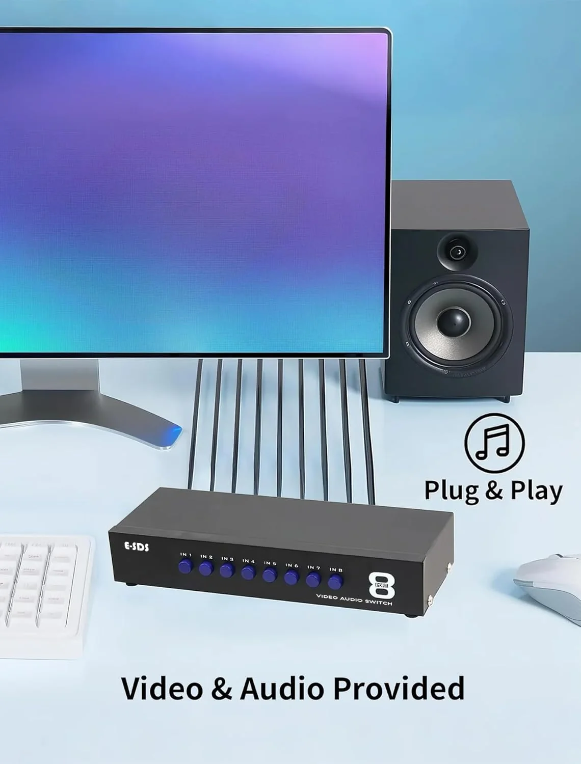 E-SDS 8-Way RCA Switch AV Switcher 8 in 1 Out Composite Video L/R Audio Selector Box for DVD STB Game Consoles - Image 6