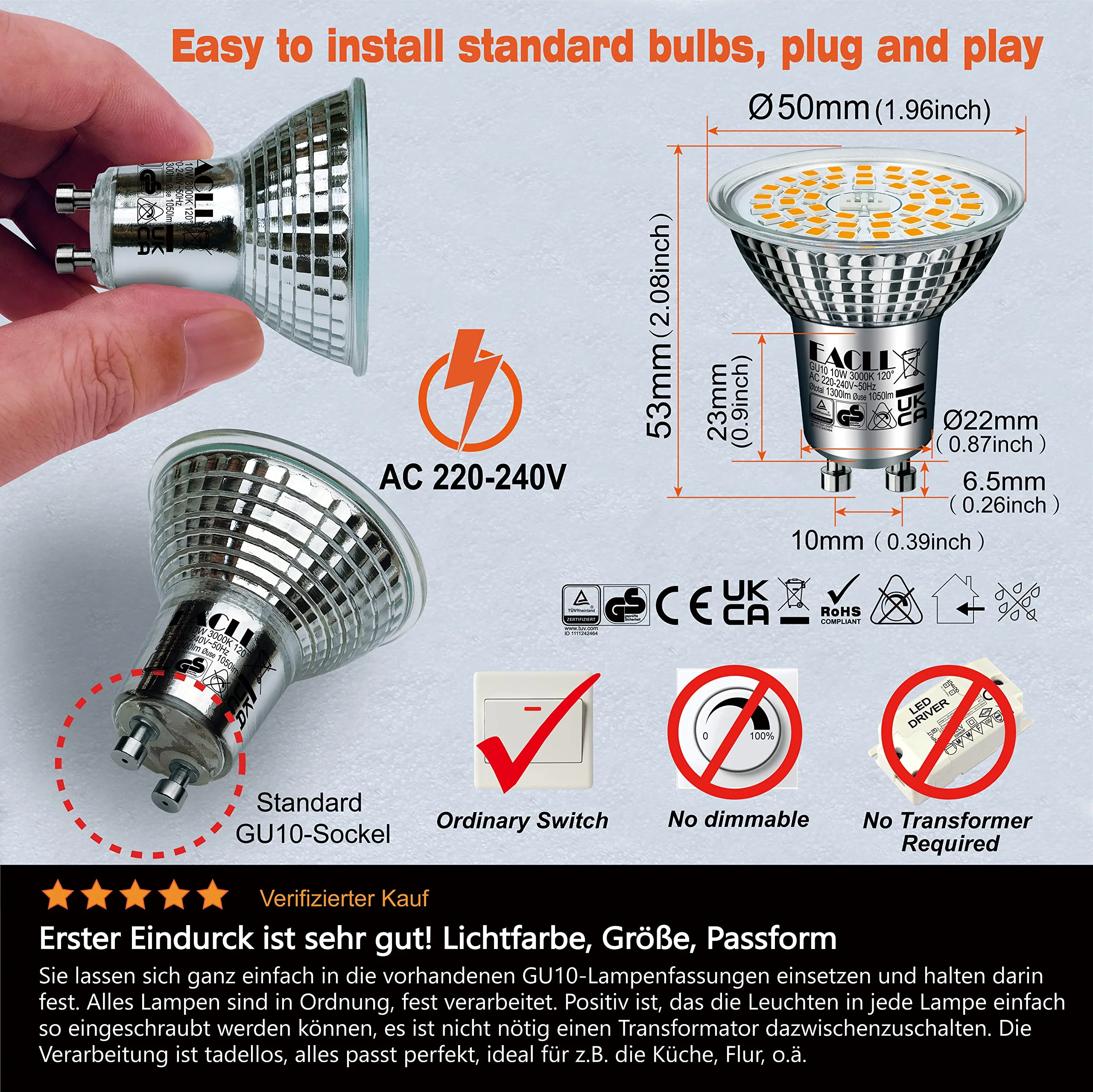 EACLL GU10 LED Warm White 10 W Replaces 140 W Halogen Bulbs, Pack of 2, 1050 Lumen 3000 K Bulbs, AC 230 V Flicker-Free Spotlight, Beam Angle 120 Degree Spotlight, Non-Dimmable Reflector Lamps 10 W 3000 K Warm White Light 2 Stück (1er Pack) - Image 4