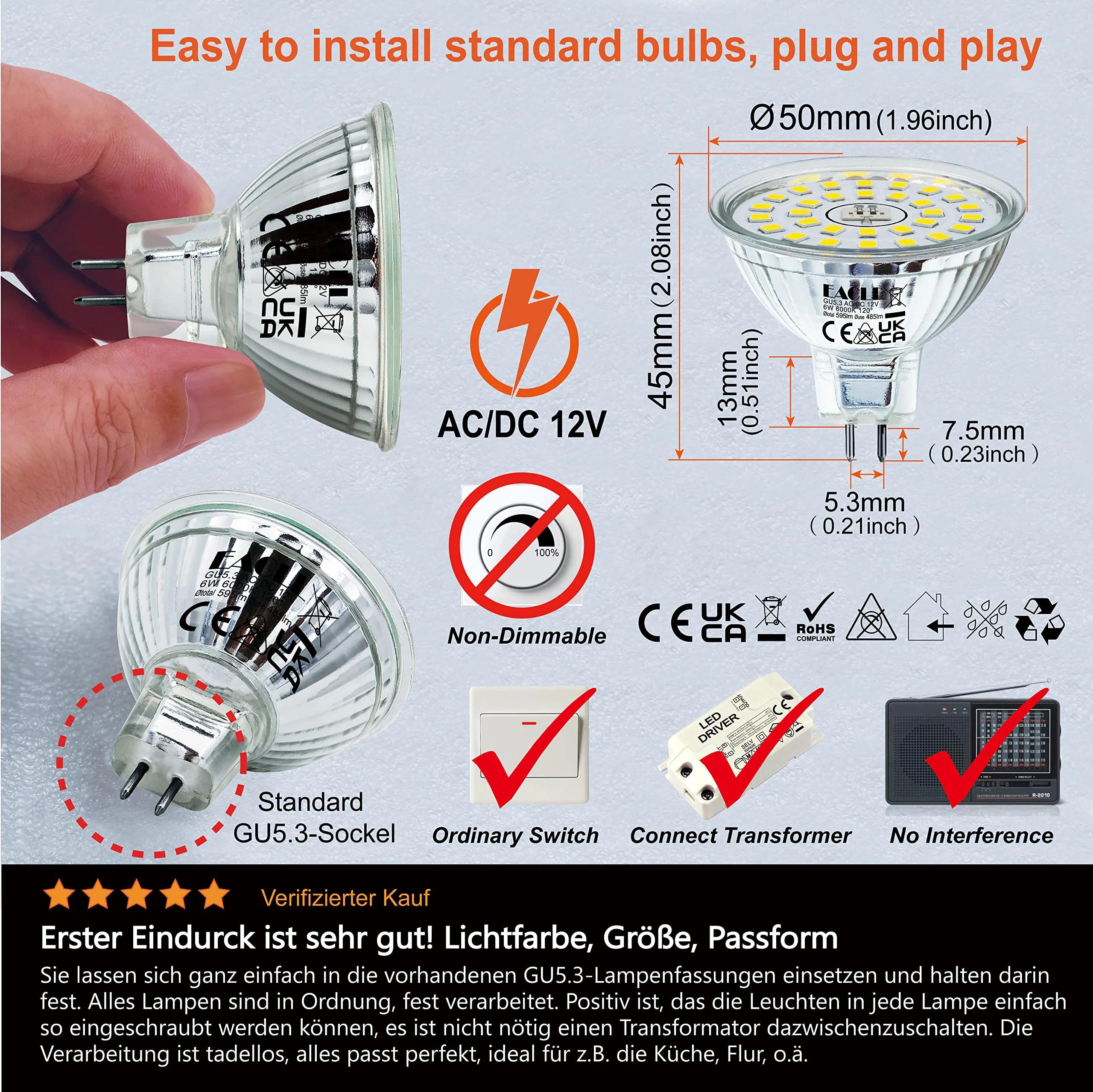 EACLL GU5.3 LED Cool White 6 W Replaces 50 W Halogen MR16 Bulb, Pack of 6, 595 Lumen 6000 K Bulb, AC/DC 12 V Flicker-Free Spotlight, Beam Angle 120 Degree Spot, Non-Dimmable Reflector Lamps 6000 K Cool White Light 6 pcs (pack of 1) 6w - Image 4