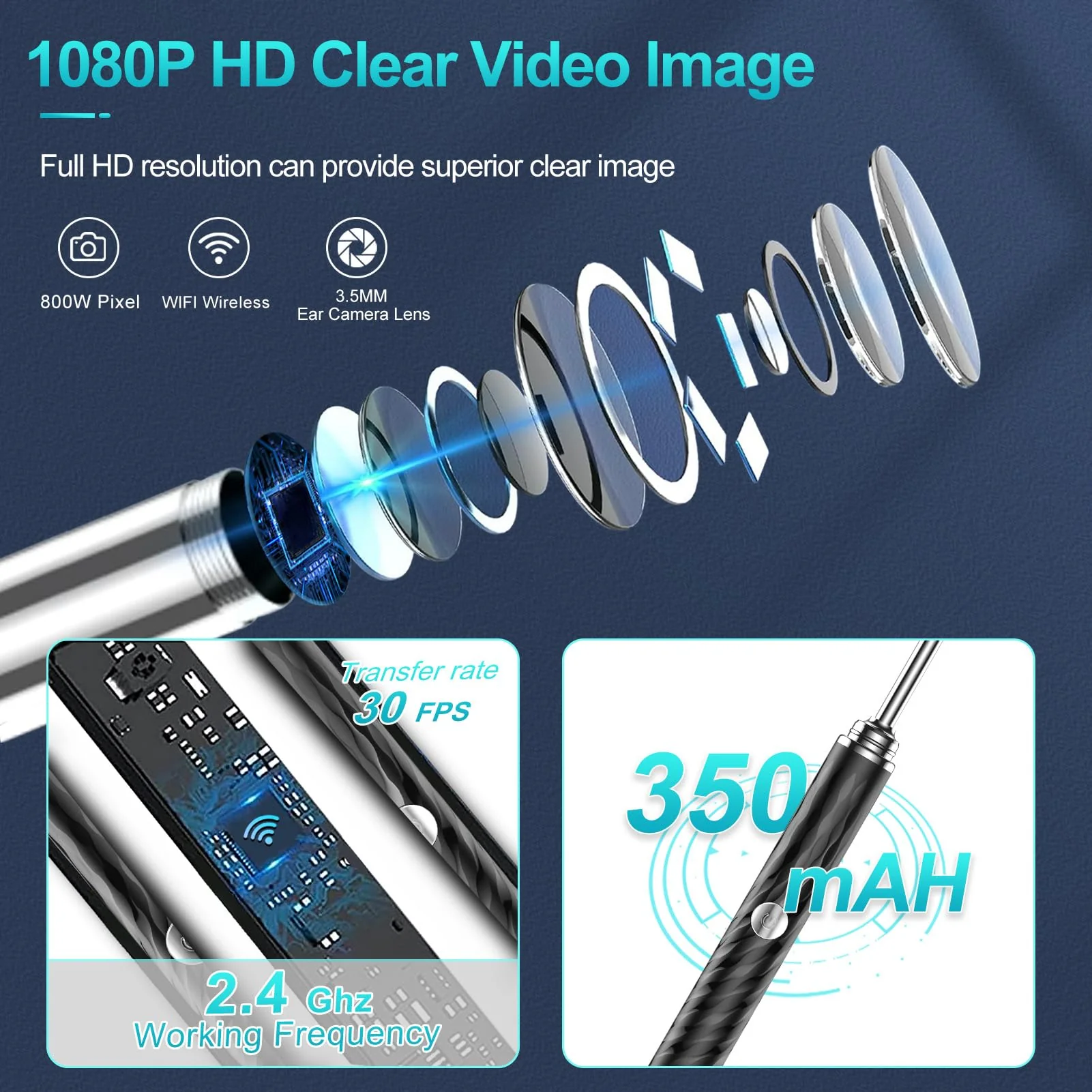 Ear Wax Remover Otoscope, 1080P WiFi Ear Cleaner Camera, IP67 Waterproof Ear Mirror 360° Wide Angle Ear Cleaner Otoscope Ear with 3.5 mm Lens and 6 LEDs for iPhone, iPad and Android, Smartphones - Image 2