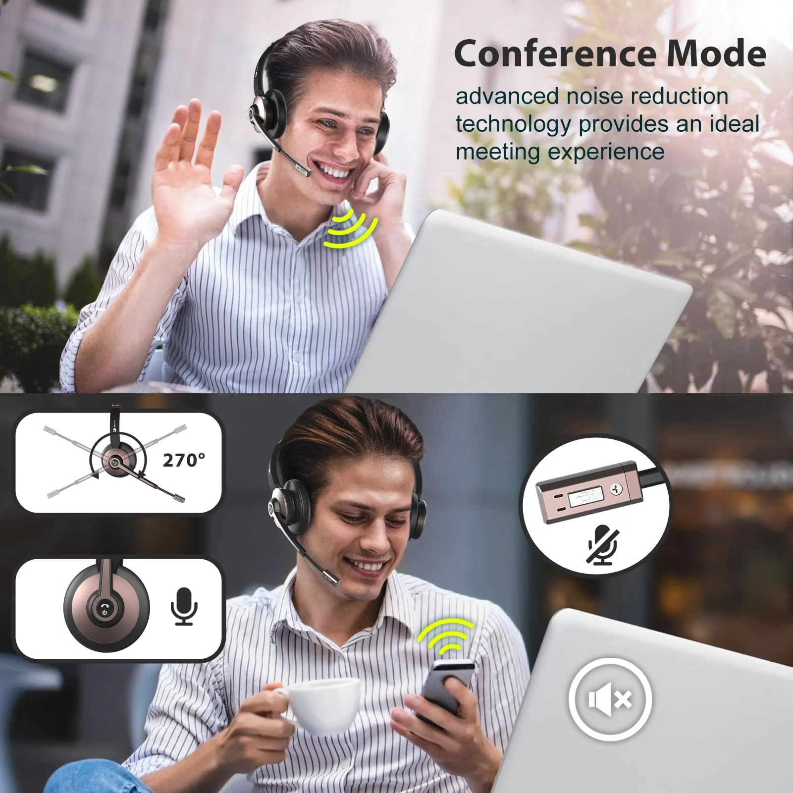 Earbay Wireless Headset, Bluetooth Headsets with Microphone Noise Cancelling, On Ear Headphones with Mic Mute, Handsfree PC Headsets for Zoom/Ms Teams/Skype/Dual Connect/Laptop/iPhone/Tablet Gold - Image 3