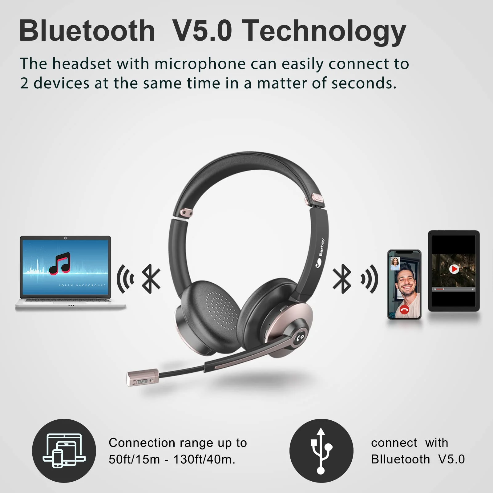 Earbay Wireless Headset, Bluetooth Headsets with Microphone Noise Cancelling, On Ear Headphones with Mic Mute, Handsfree PC Headsets for Zoom/Ms Teams/Skype/Dual Connect/Laptop/iPhone/Tablet Gold - Image 5
