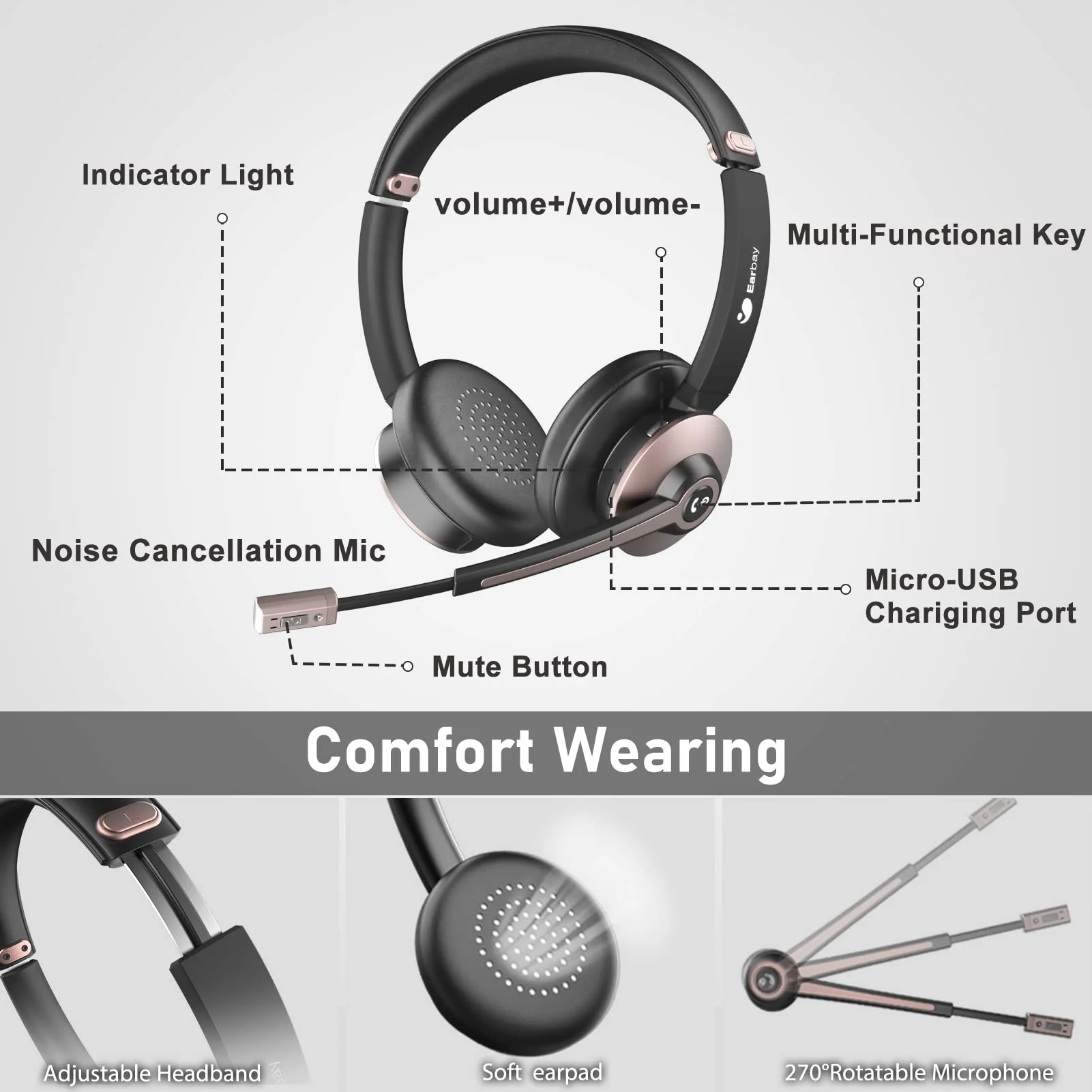 Earbay Wireless Headset, Bluetooth Headsets with Microphone Noise Cancelling, On Ear Headphones with Mic Mute, Handsfree PC Headsets for Zoom/Ms Teams/Skype/Dual Connect/Laptop/iPhone/Tablet Gold - Image 6
