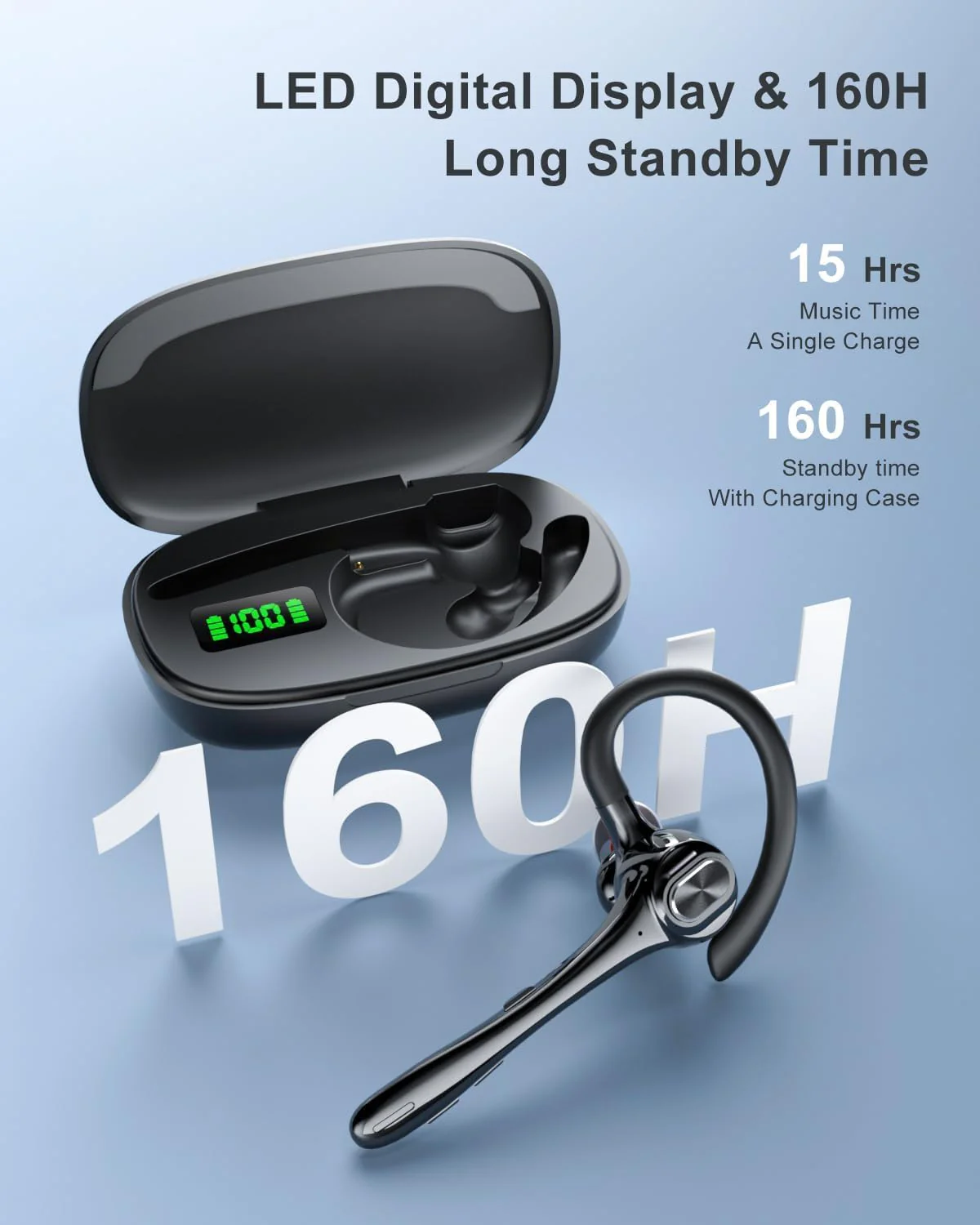 Earbuds Wireless Earpiece Bluetooth Headset with Noise Canceling Mic 160H Standby Time Hands Free Earphones Single Ear Headphone for iphone Android Samsung Cell Phones PC TV Computer Game Trucker Work Black - Image 3