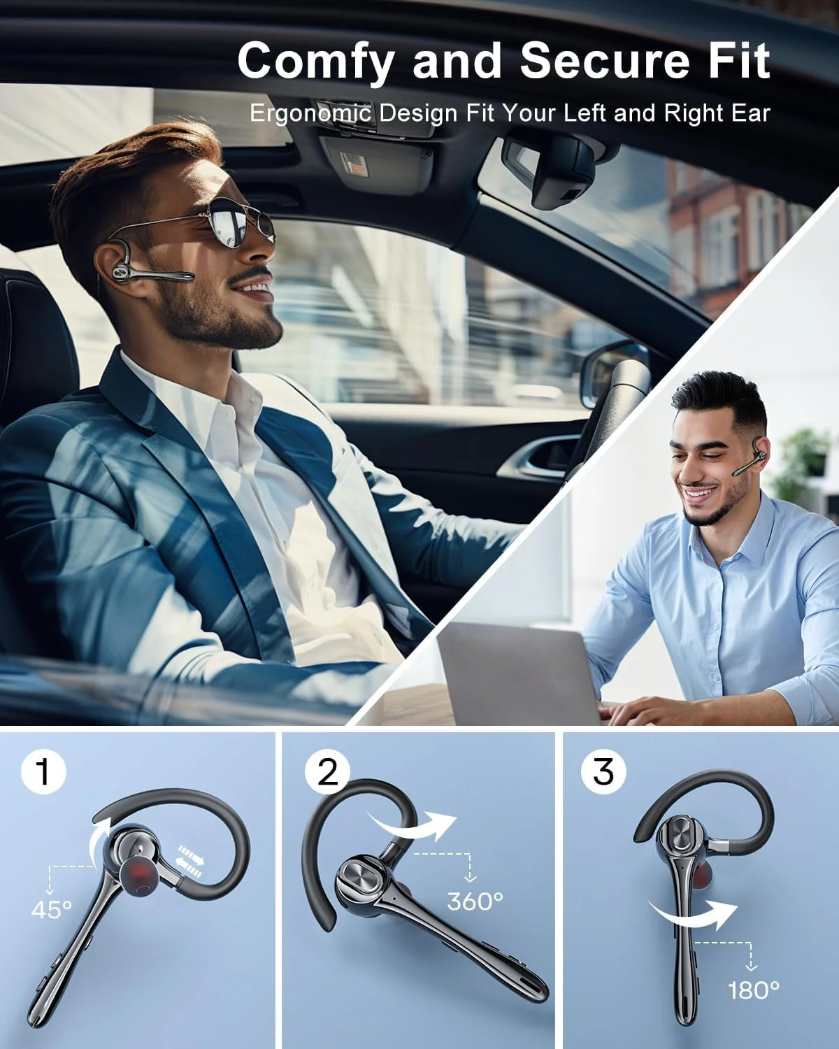 Earbuds Wireless Earpiece Bluetooth Headset with Noise Canceling Mic 160H Standby Time Hands Free Earphones Single Ear Headphone for iphone Android Samsung Cell Phones PC TV Computer Game Trucker Work Black - Image 4