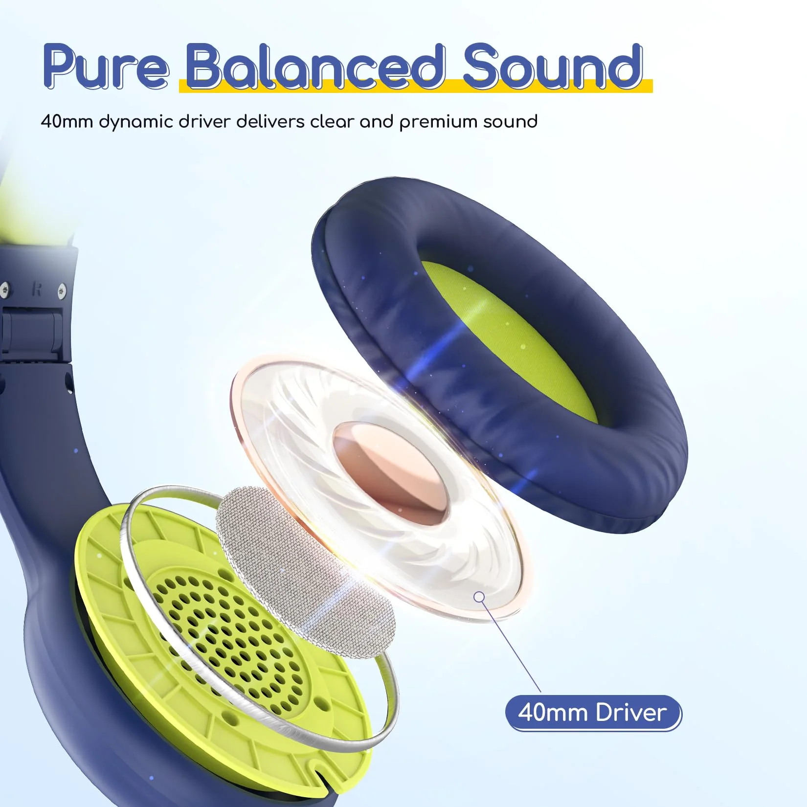 EarFun Kids Headphones Wired with Microphone, 85/94dB Volume Limit Headphones for Kids, Portable Wired Headphone with Shareport, Stereo Sound Foldable Headset for School/Tablet/iPad, Blue Lemon Plug 3.5mm - Image 2