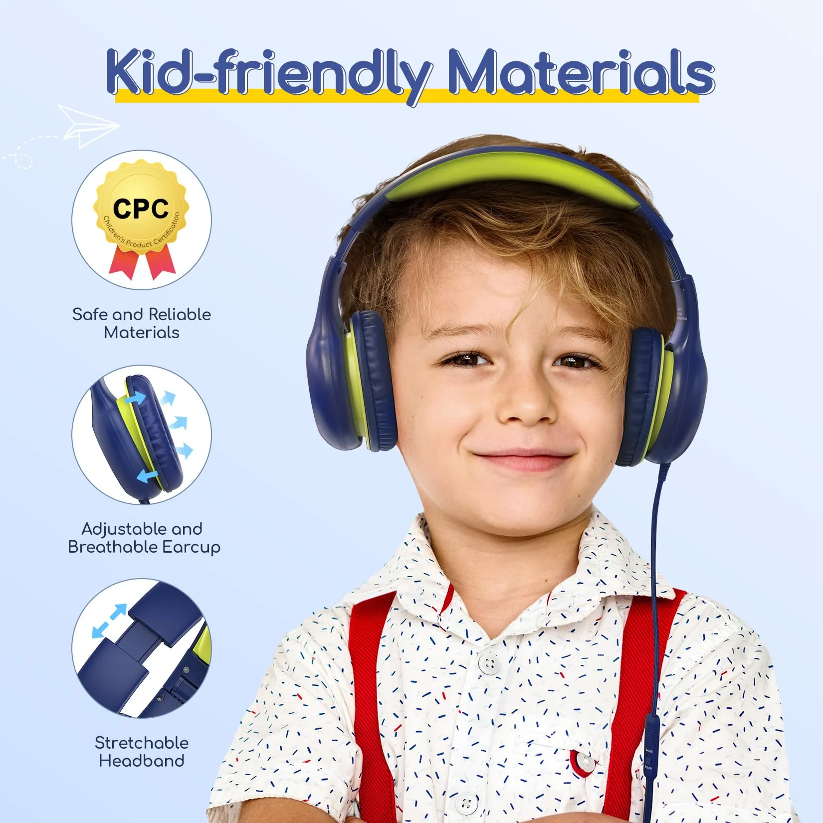 EarFun Kids Headphones Wired with Microphone, 85/94dB Volume Limit Headphones for Kids, Portable Wired Headphone with Shareport, Stereo Sound Foldable Headset for School/Tablet/iPad, Blue Lemon Plug 3.5mm - Image 4